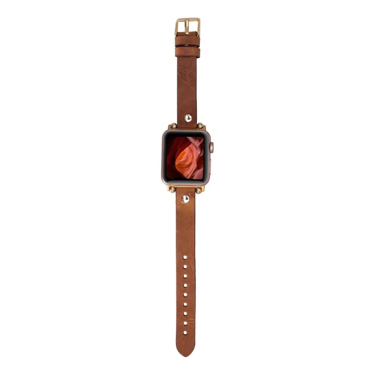 Premium Camel Leather Ultra Slim Apple Watch Band with Gold Rivets - Stylish & Durable for Workouts, Office & Everyday Wear