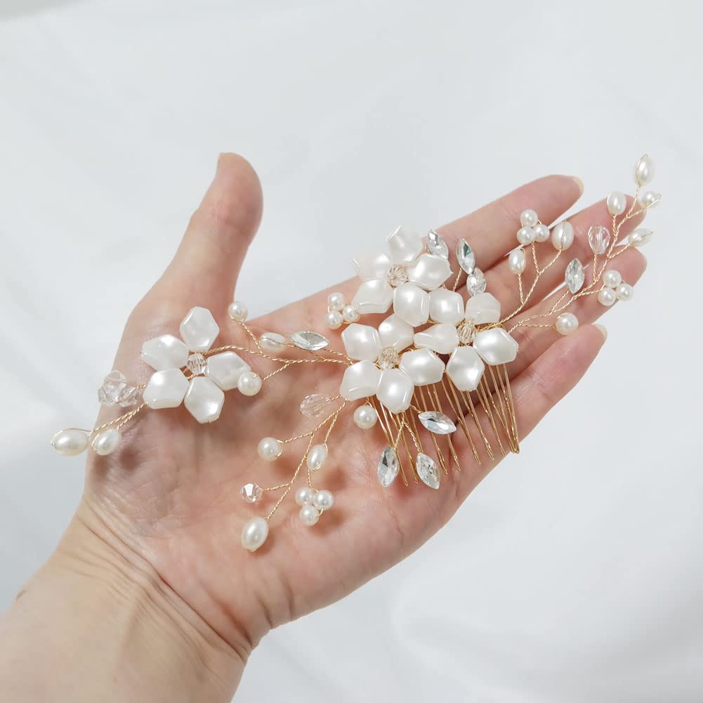 Elegant Pearl Rhinestone Silver Crystal Flower Leaf Vine Hair Comb Clip - Bridal Wedding Hair Accessories for Women & Girls (4flower_gold) | Perfect for Bridal Parties, Prom, Pageants & Special Occasions