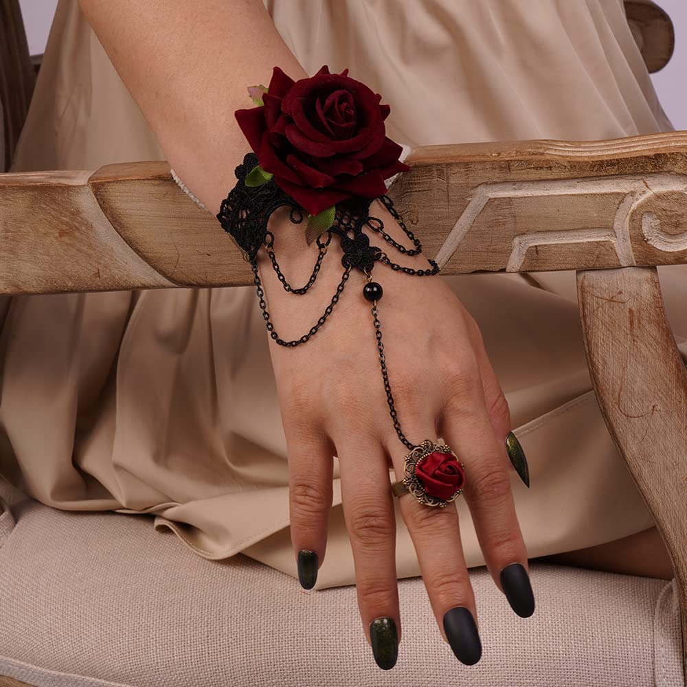 Elegant Black Lace Bracelet with Rose Ring - Floral Charm Bracelet for Women | Gothic Jewelry for Halloween Party, Date Night & Special Occasions