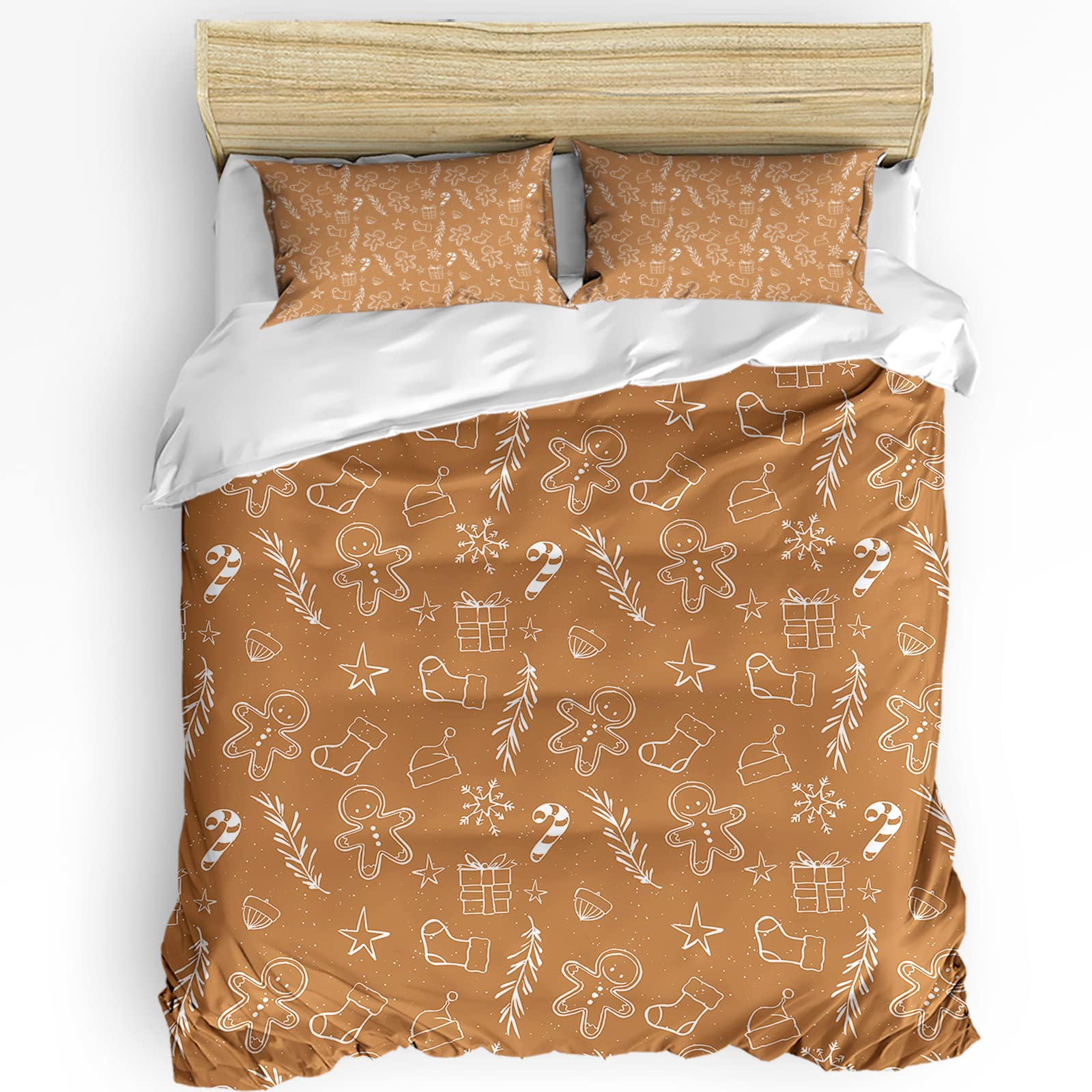 HELLOWINK 3 Piece Christmas Gingerbread Man & Holly Duvet Cover Set - Queen Size Soft Lightweight Bedding with 2 Pillow Shams | Cozy Holiday Bedroom Decor for Winter & Festive Season