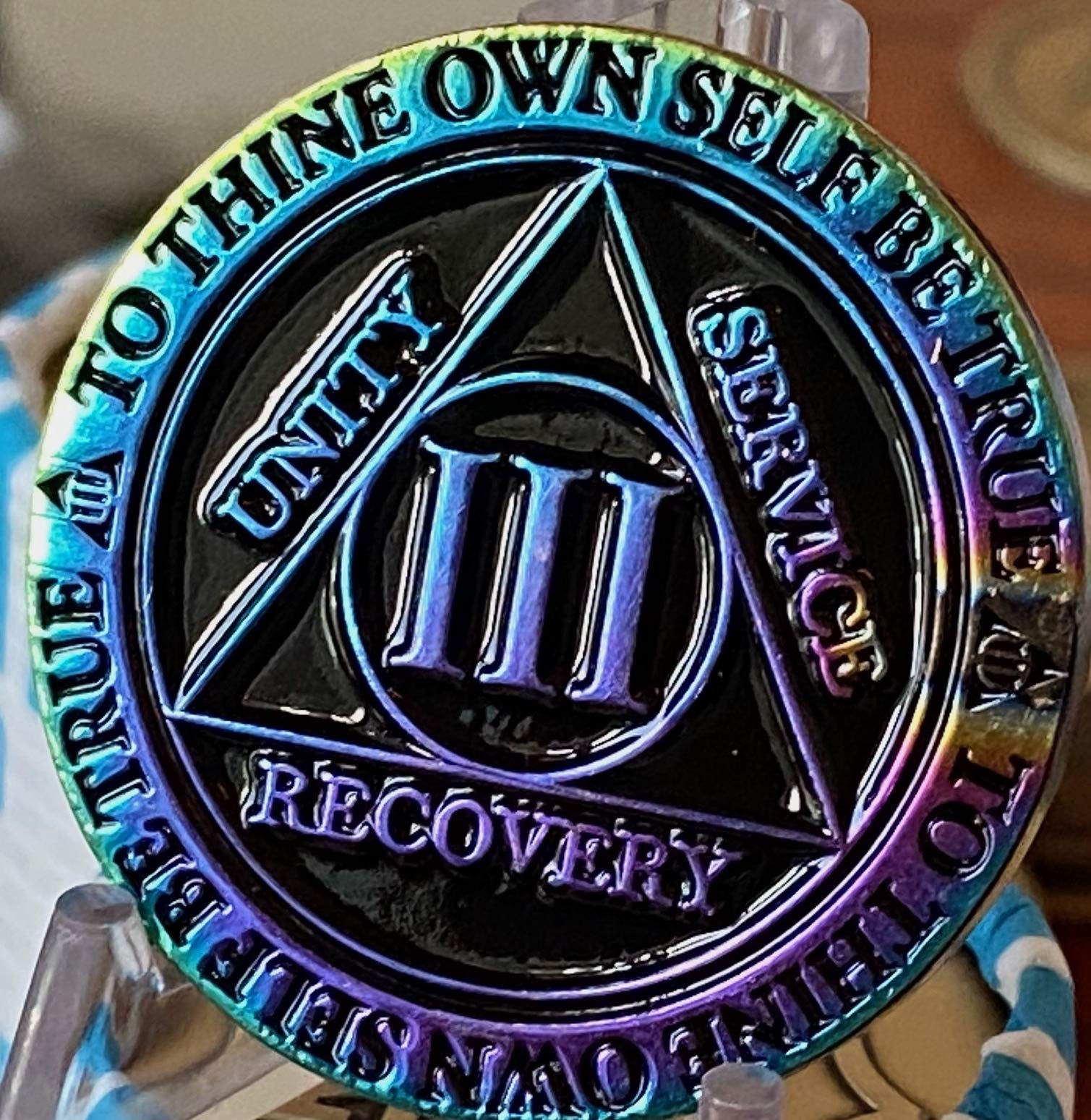 3 Year AA Medallion Reflex Rainbow Plated Black Sobriety Chip III - Alcoholics Anonymous Recovery Token for Milestone Celebrations, Support Group Gifts & Personal Motivation