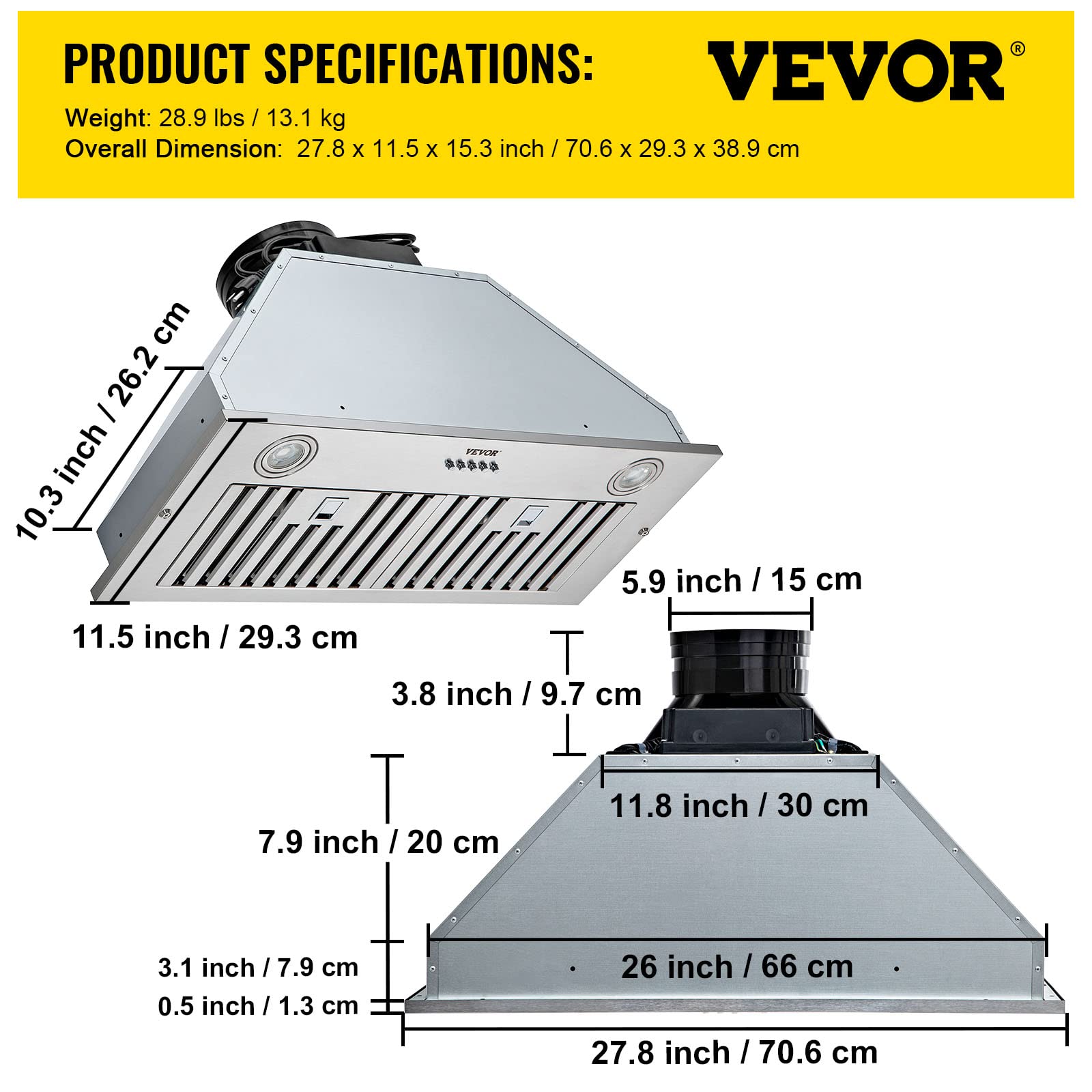 VEVOR 30 Inch 800CFM 3-Speed Stainless Steel Insert Range Hood with LED Lights & Baffle Filters - Ducted/Ductless Convertible, ETL Certified for Kitchen Ventilation | Perfect for Home Chefs & Modern Kitchens