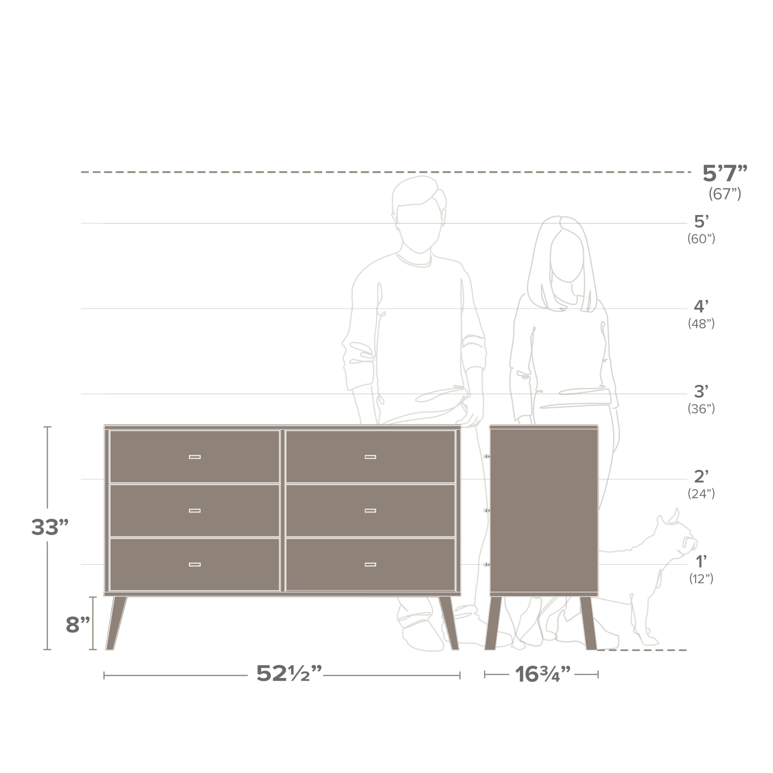 Mid-Century Modern 6-Drawer Double Dresser - Prepac Milo Wide Chest of Drawers for Bedroom, Contemporary Bedroom Furniture (16.75