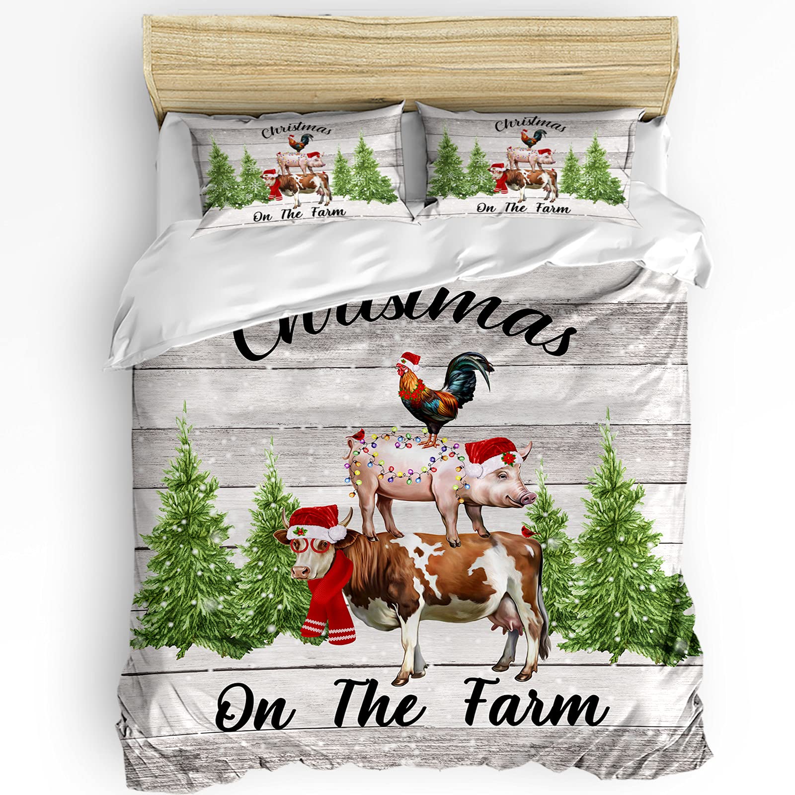3-Piece Christmas Farm Animal Duvet Cover Set Twin - Chicken Pig Cow Print Bedding with 2 Pillowcases - Soft Quilt Cover for Kids, Teens & Adults - Perfect for Holiday Bedroom Decor & Cozy Winter Nights