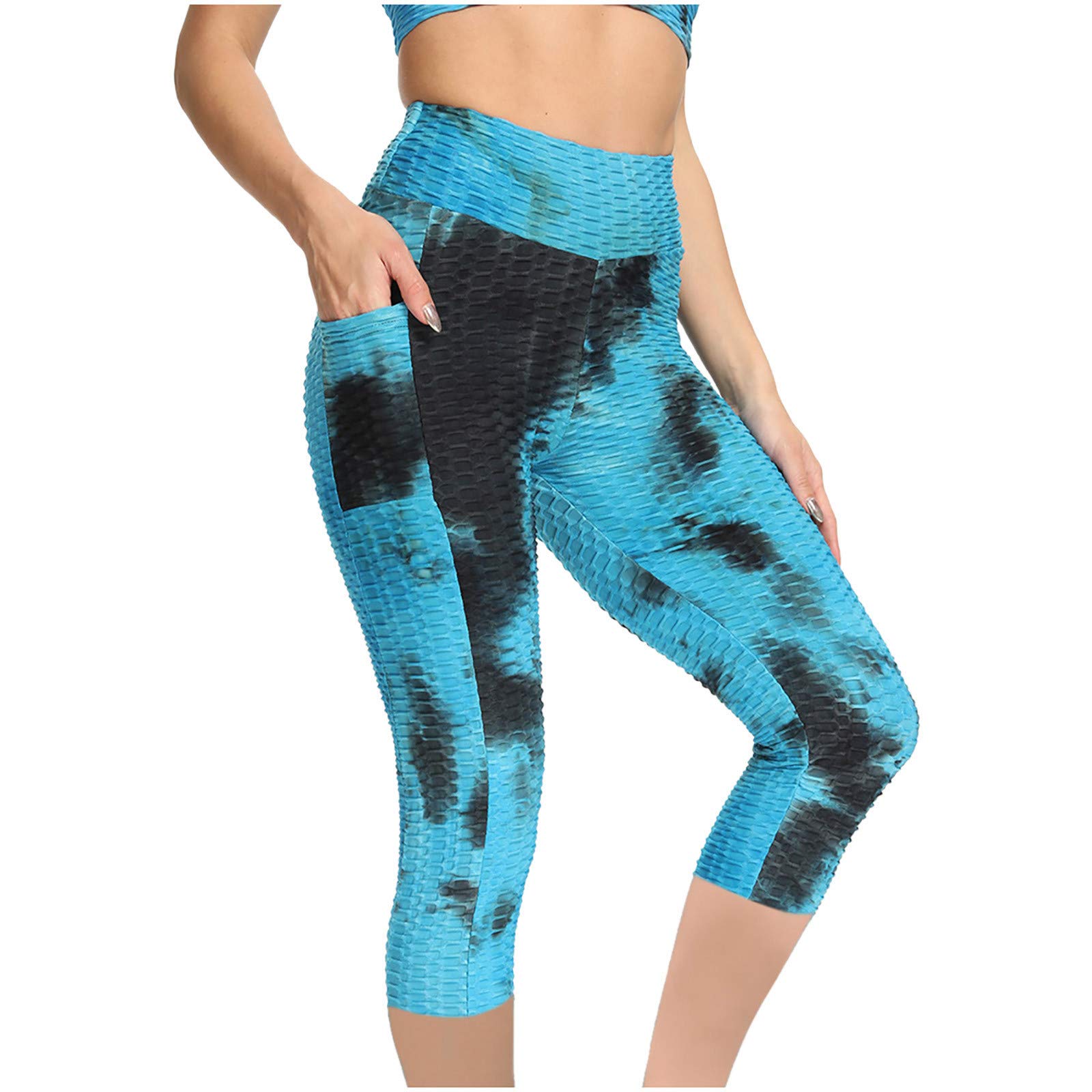 Women's High-Waisted Capri Yoga Pants with Butt Lifting & Tummy Control - Honeycomb Pattern Tie-Dye Workout Leggings with Pockets for Running, Gym, Yoga & Lounge Wear
