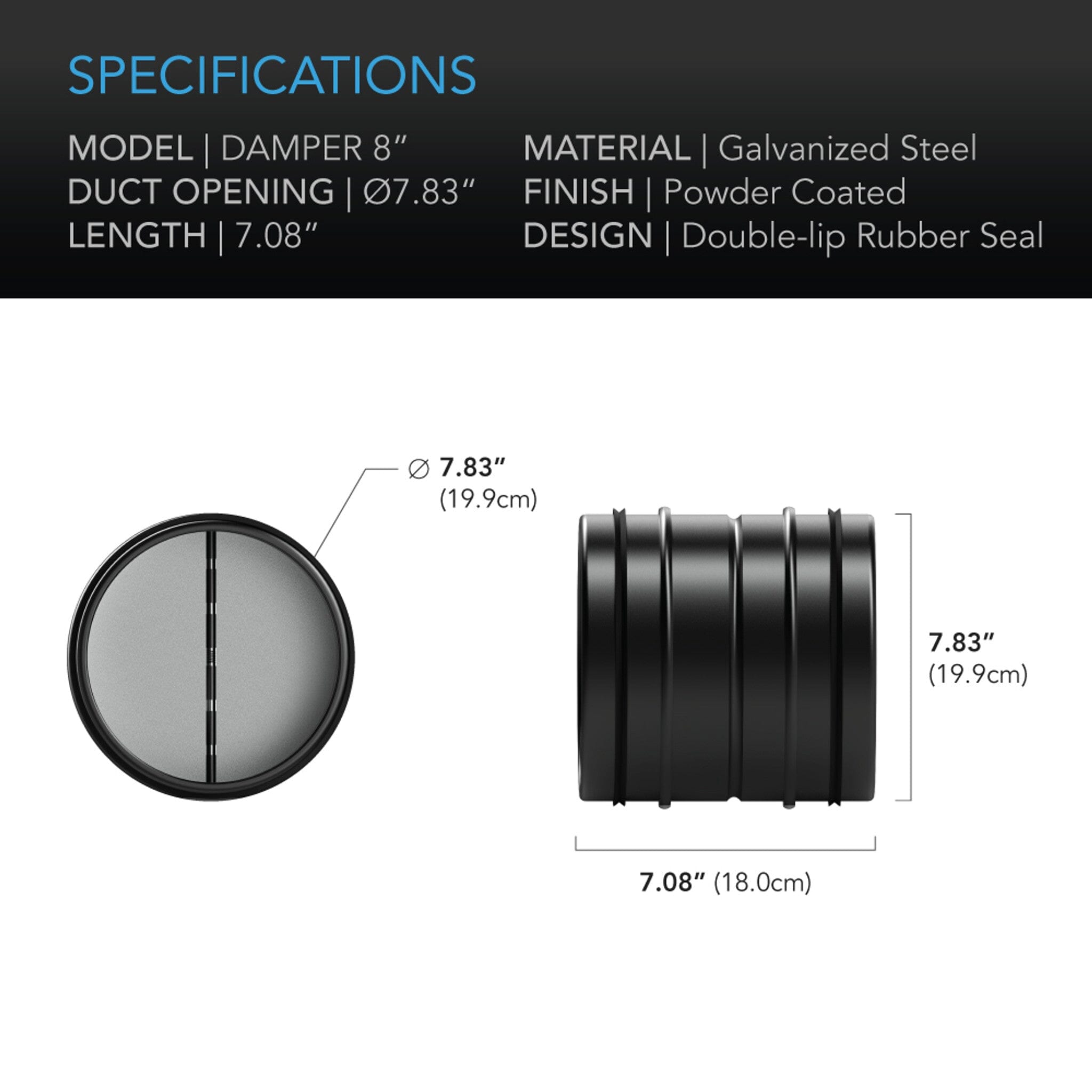 8 Inch Backdraft Damper Ducting Insert - 200mm Black Galvanized Steel for HVAC, Dryer Vent & Exhaust Systems