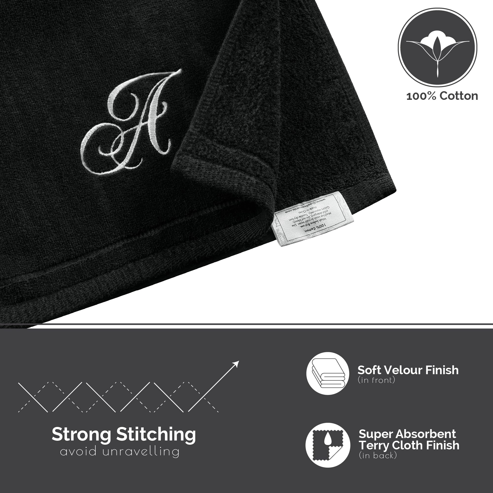 Personalized Monogrammed Fingertip Towels Set of 2 - 11x18 Inch White Embroidered Cotton Towels - Ultra Absorbent & Soft Velour Finish - Perfect for Bathroom, Kitchen & Spa Gifts - Initial P (Black) - Great for Guest Bathrooms, Bridal Showers & Housewarming Presents