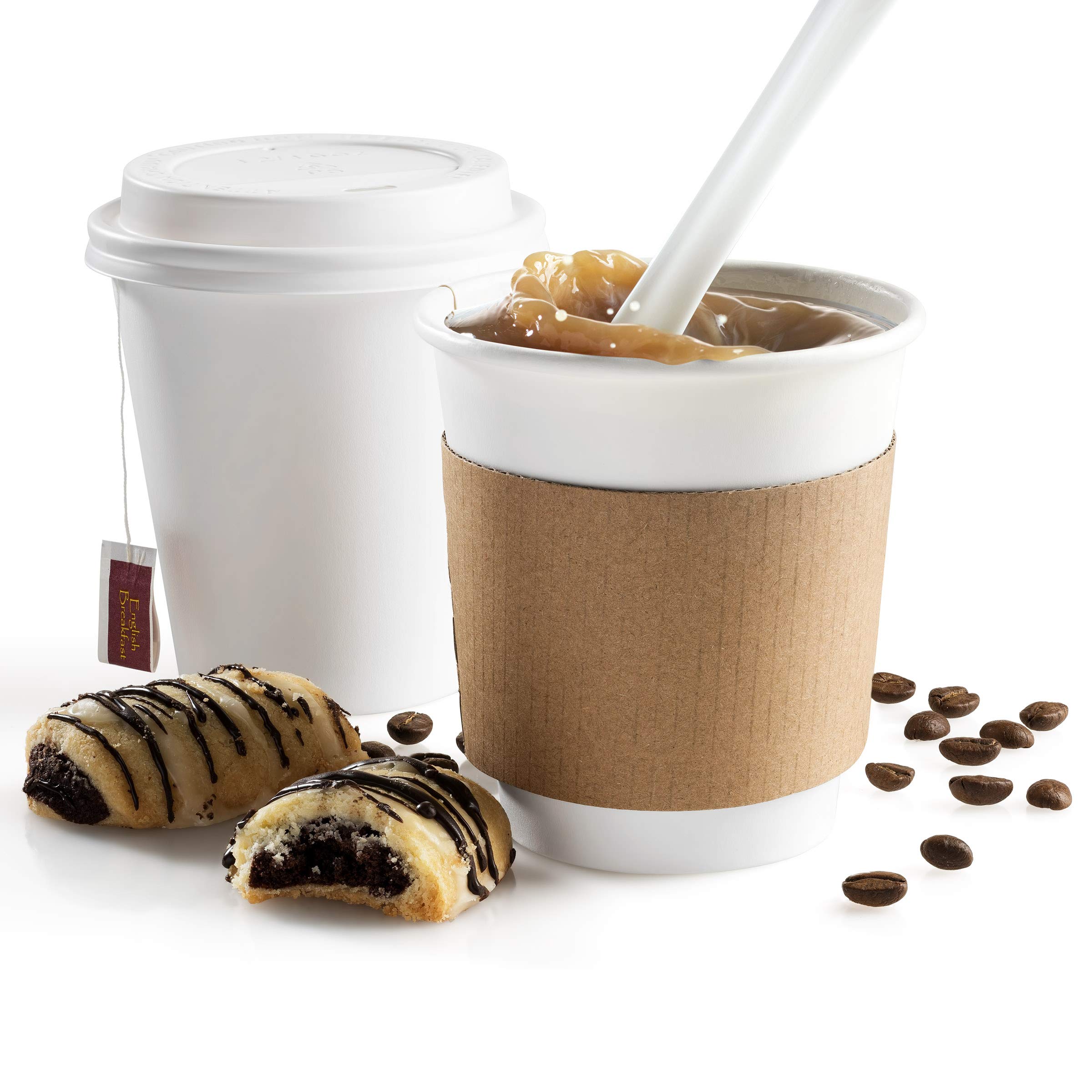 NYHI 200 Pack 8 oz White Disposable Coffee Cups with Lids & Sleeves - Hot/Cold Beverage Drinking Cups for Coffee, Tea, Juice, Espresso - Perfect for Office Water Coolers, Parties, Cafes, and Takeout