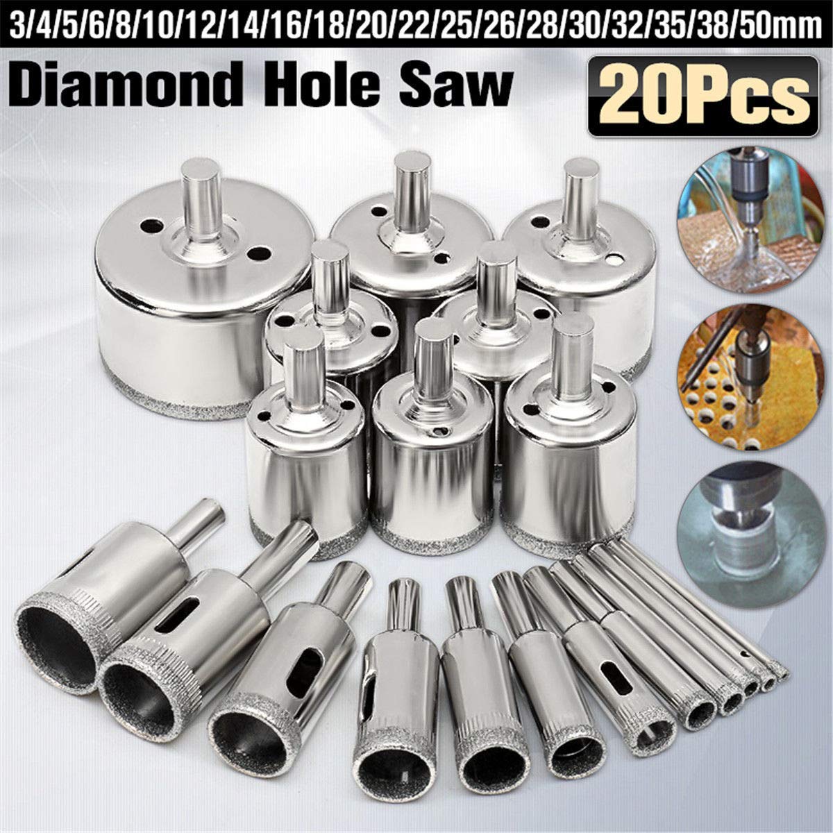 20 Pcs 3-50mm Diamond Drill Bit Set for Glass, Marble, Granite - Hole Saw Cutter Tool for DIY Projects, Jewelry Making & Home Renovation