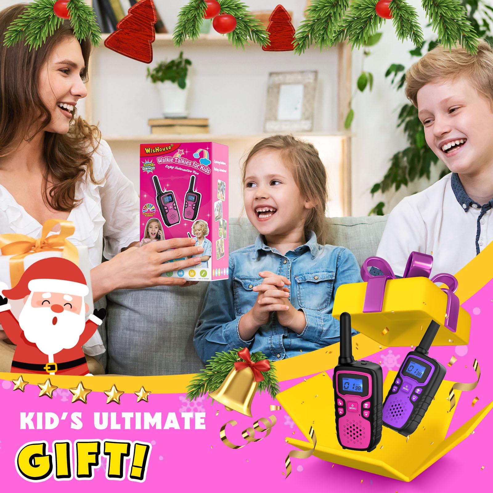 **Wishouse Kids Walkie Talkies Rechargeable - Long Range 2-Way Radios for Boys & Girls Ages 4-9, Perfect for Hiking, Camping & Outdoor Adventures - Includes NOAA Weather Alerts, SOS Siren, Flashlight & Lanyards - Great Christmas/Birthday Gift (2 Pack)**