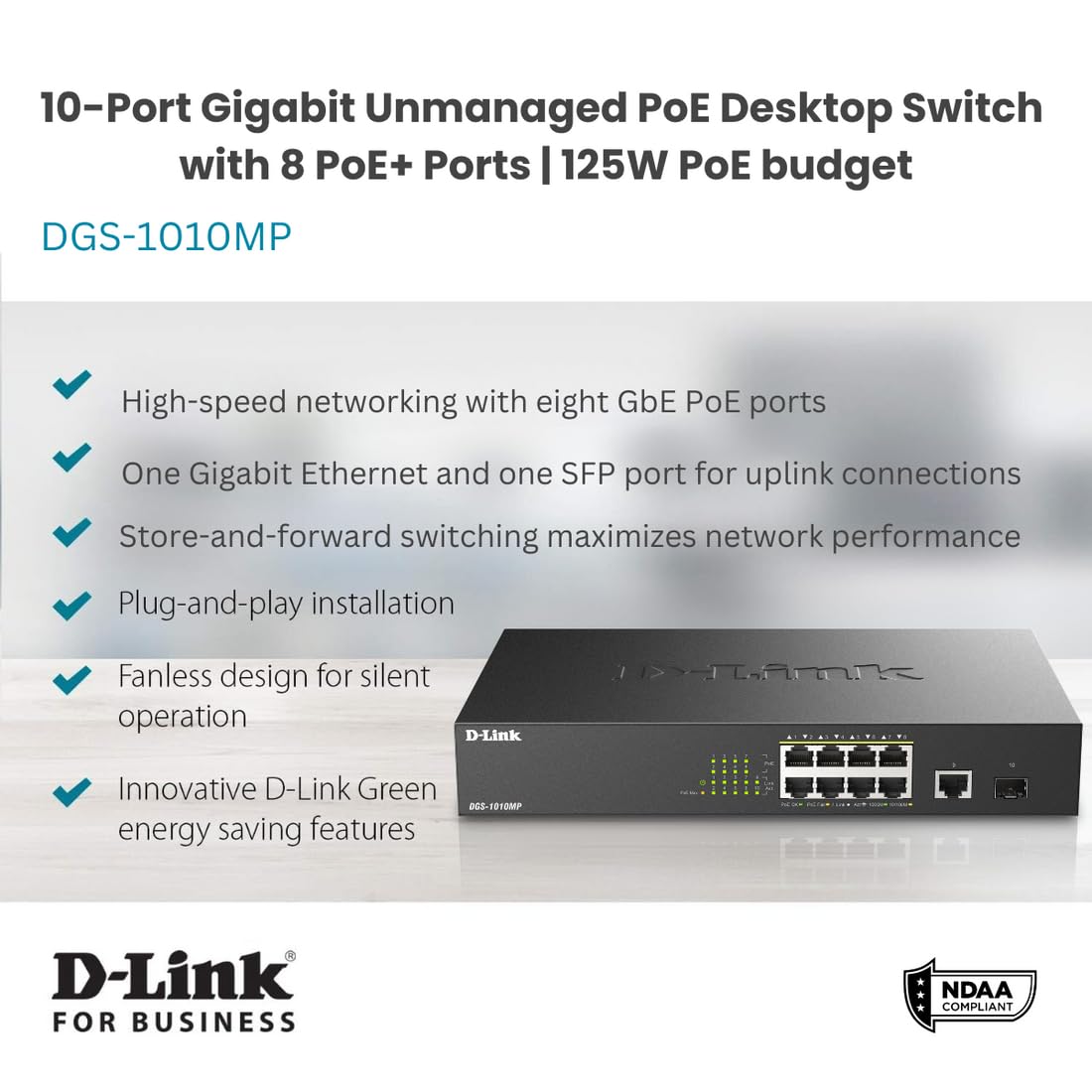 D-Link 8-Port/10-Port Unmanaged PoE Switch with 1 Gigabit Ethernet Port & 1 SFP Uplink Port, 125W PoE Budget, Fanless Rackmount Plug & Play (DGS-1010MP) - Black | Ideal for Home Office, Small Business Network & IP Camera Systems