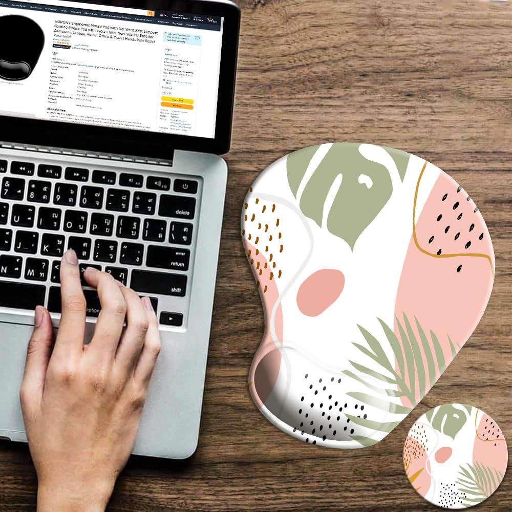 Ergonomic Mouse Pad with Wrist Support - Gel Cushion for Pain Relief, Non-Slip Rubber Base, 9x10 Inch Boho Plants Design - Perfect for Office, Gaming & Long Computer Work Sessions