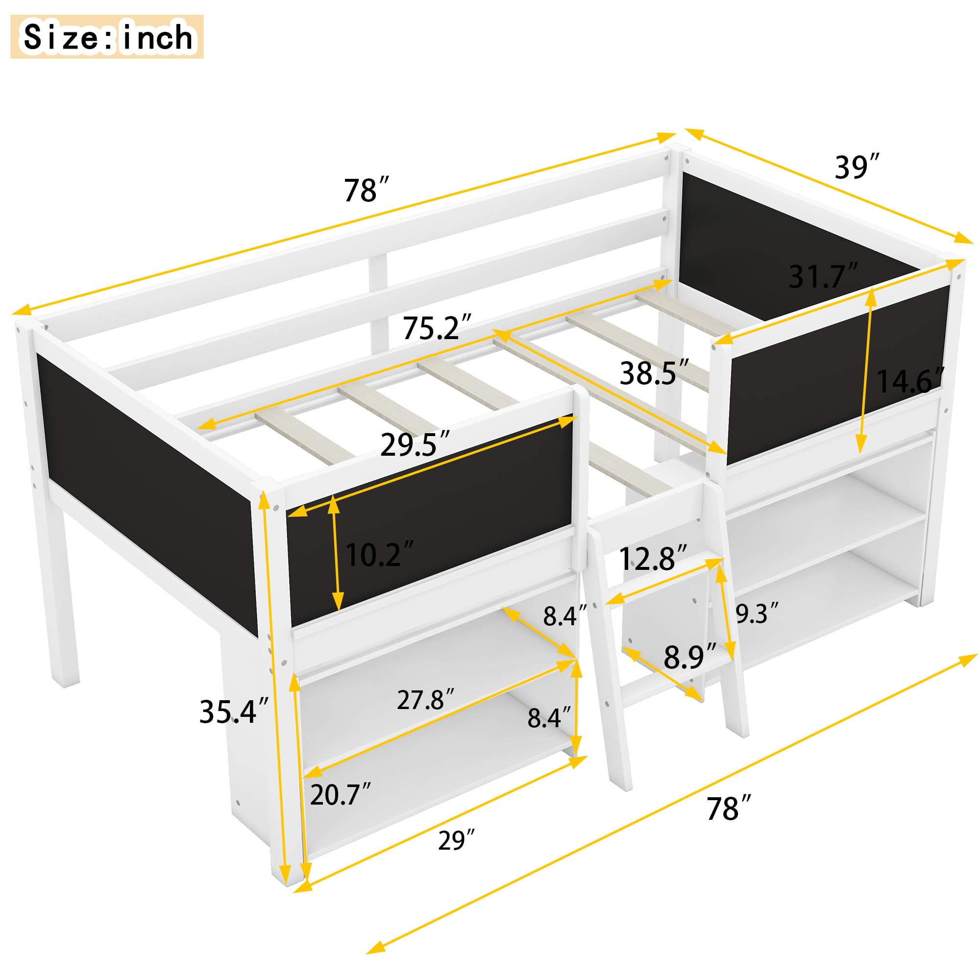 Modern Farmhouse Twin Loft Bed with Storage Shelves & Chalkboard - Space-Saving Kids Bed Frame for Boys & Girls - White - Perfect for Small Bedrooms, Dorm Rooms & Playrooms