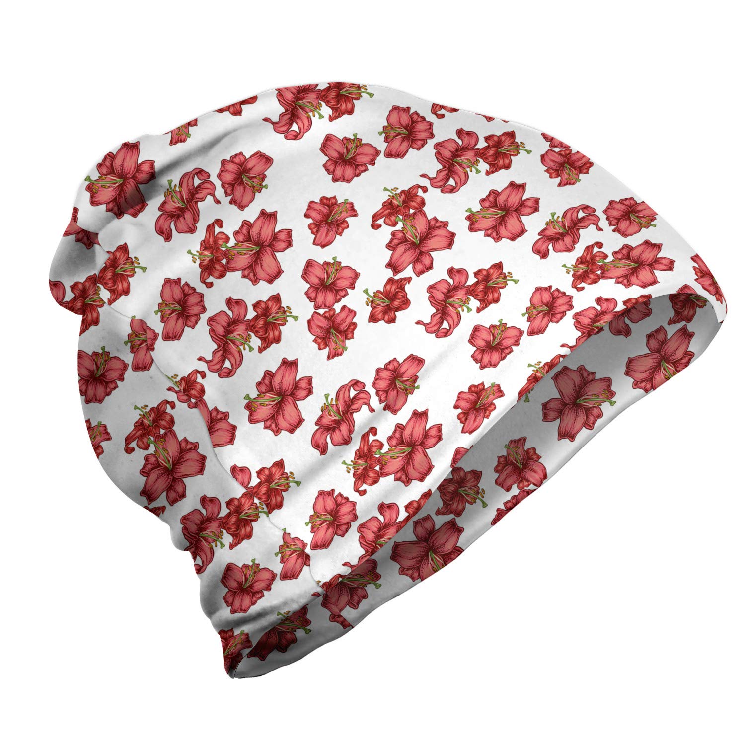 Ambesonne Unisex Beanie - Vintage Lily Flower Design for Men & Women - Warm Knit Winter Hat for Hiking, Skiing, and Outdoor Activities