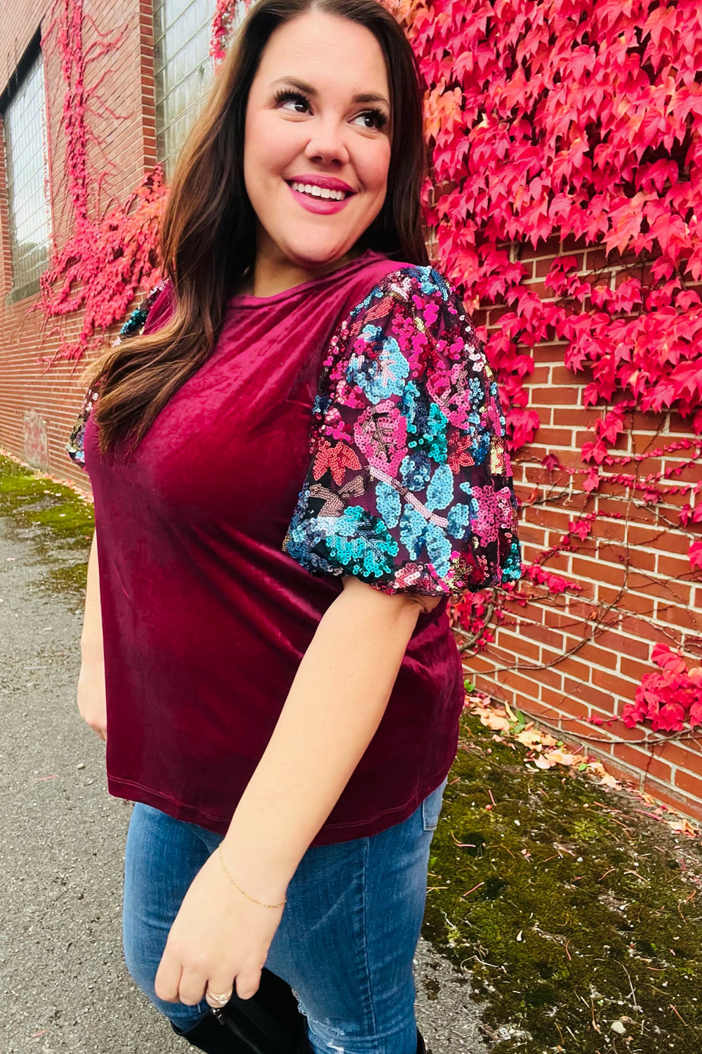 Diva Dreams Women's Sequin Floral Puff Sleeve Velvet Blouse - Elegant Party Top for Night Out, Dinner Date & Special Occasions