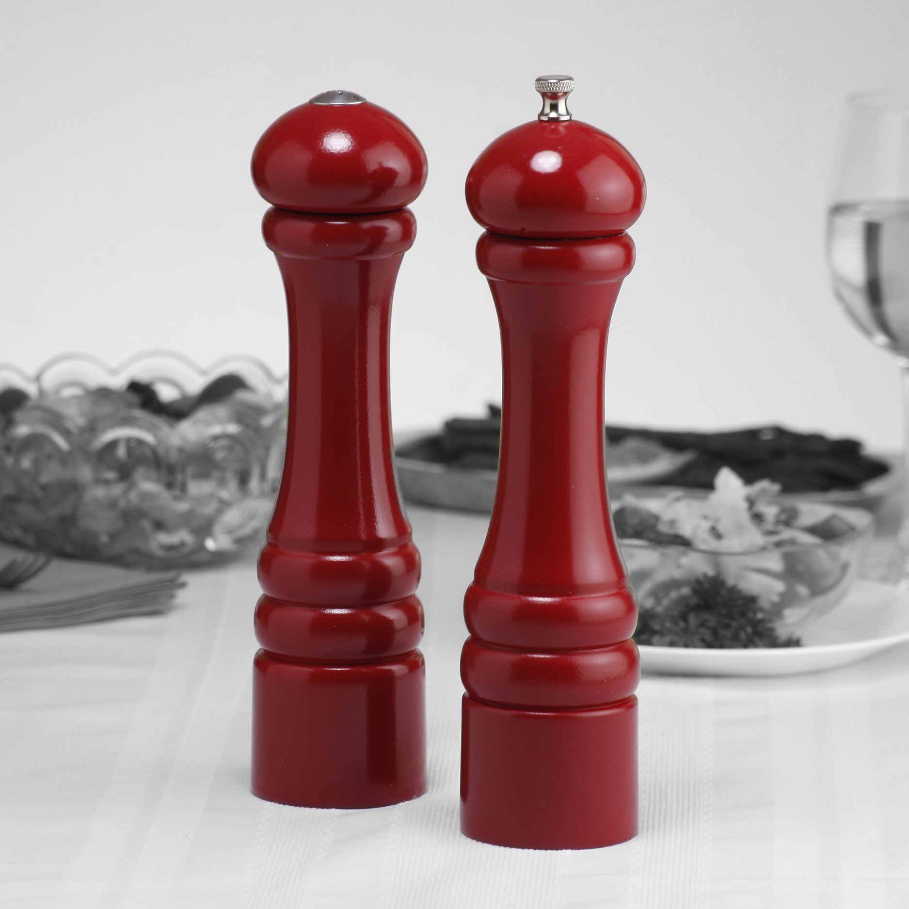 Premium 10 Inch Imperial Pepper Mill and Salt Shaker Set - Chef Specialties Candy Apple Red - Perfect for Kitchen, Dining Table & Gourmet Cooking Gifts