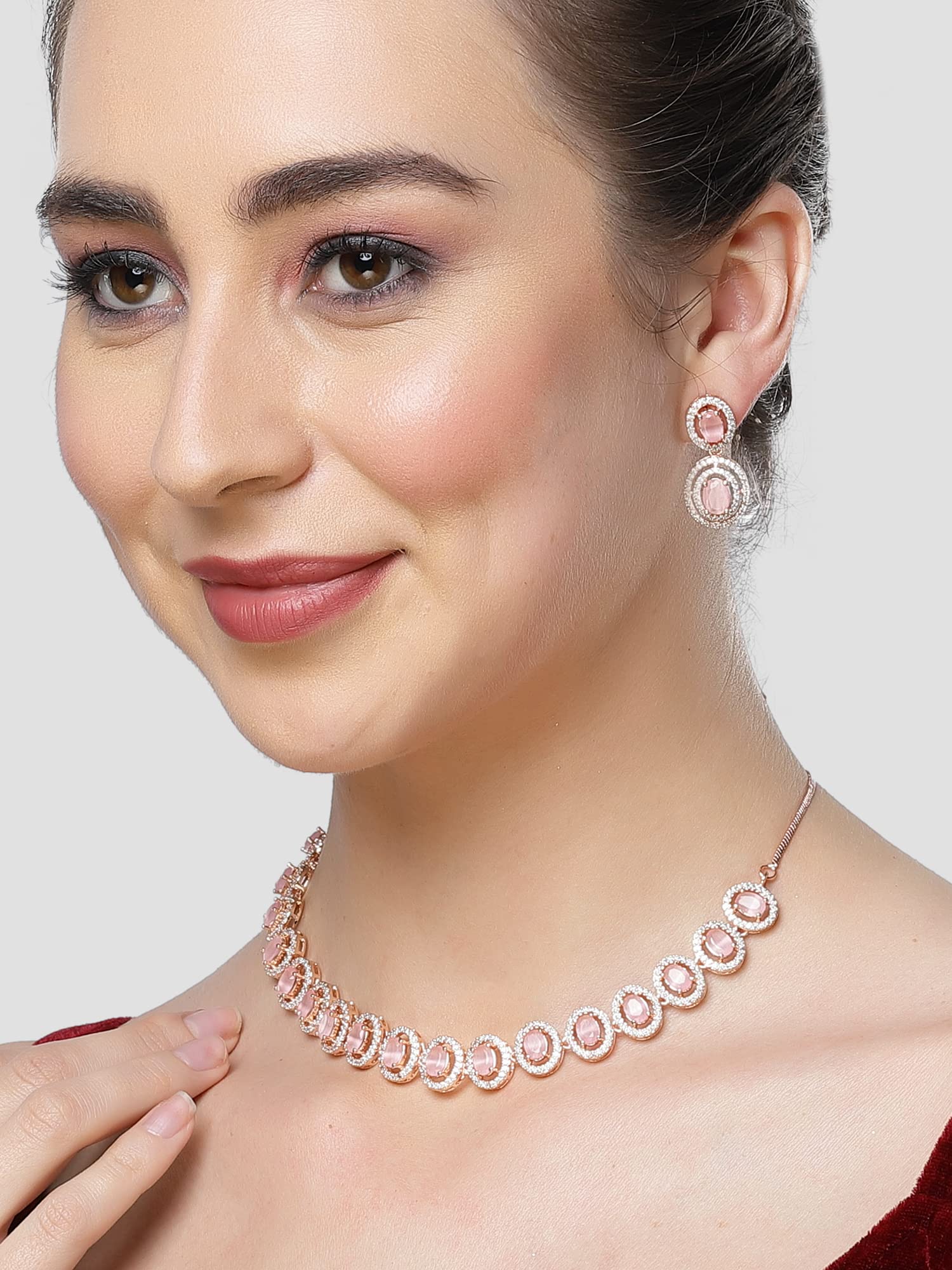 Karatcart Pink CZ Studded Rose Gold Plated Necklace Set for Women | Elegant Jewelry Gift for Valentine's Day, Anniversary & Special Occasions