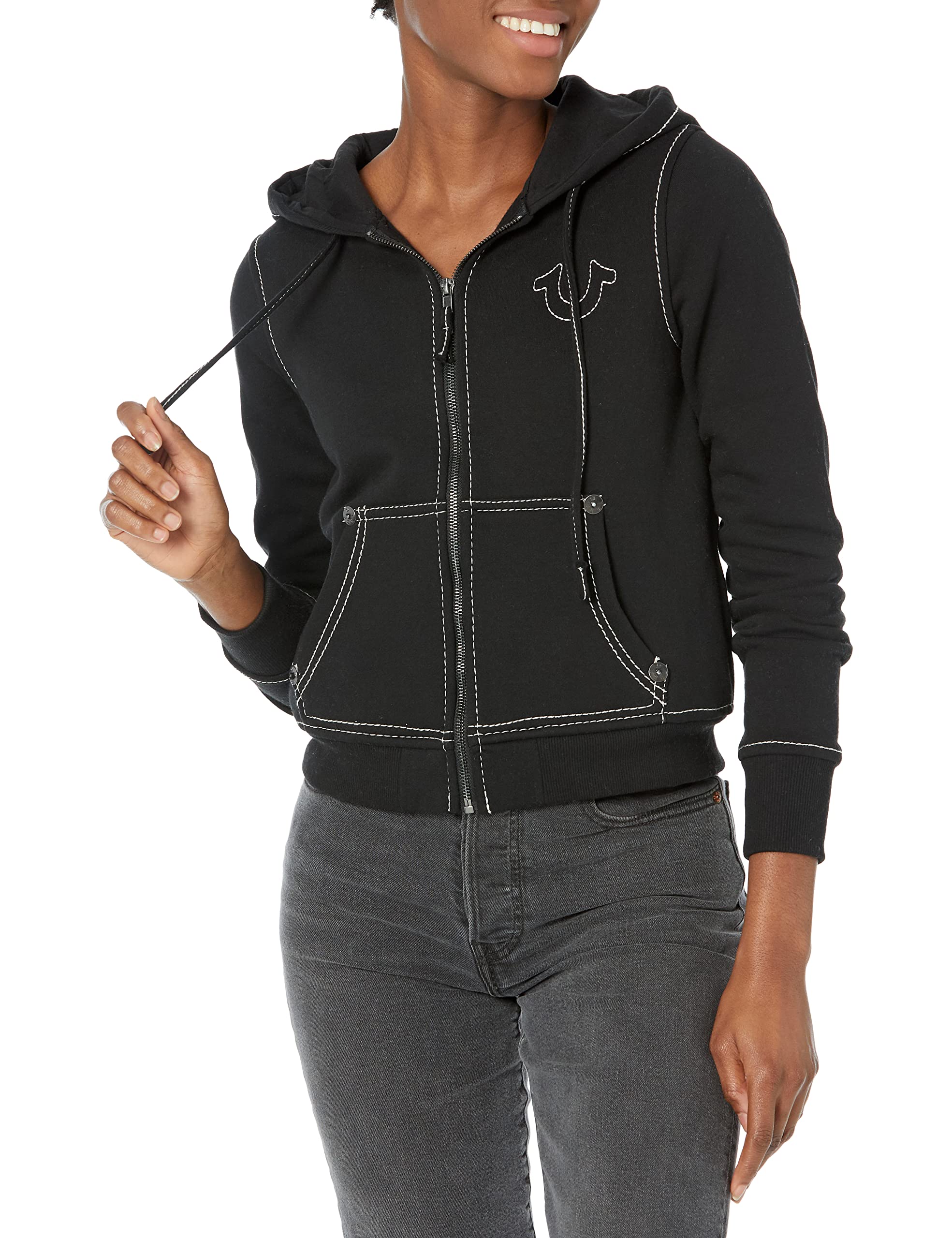 True Religion Women's Big T Classic Zip Hoodie - Soft Fleece Pullover with Front Pockets for Casual Wear & Lounge Outfits
