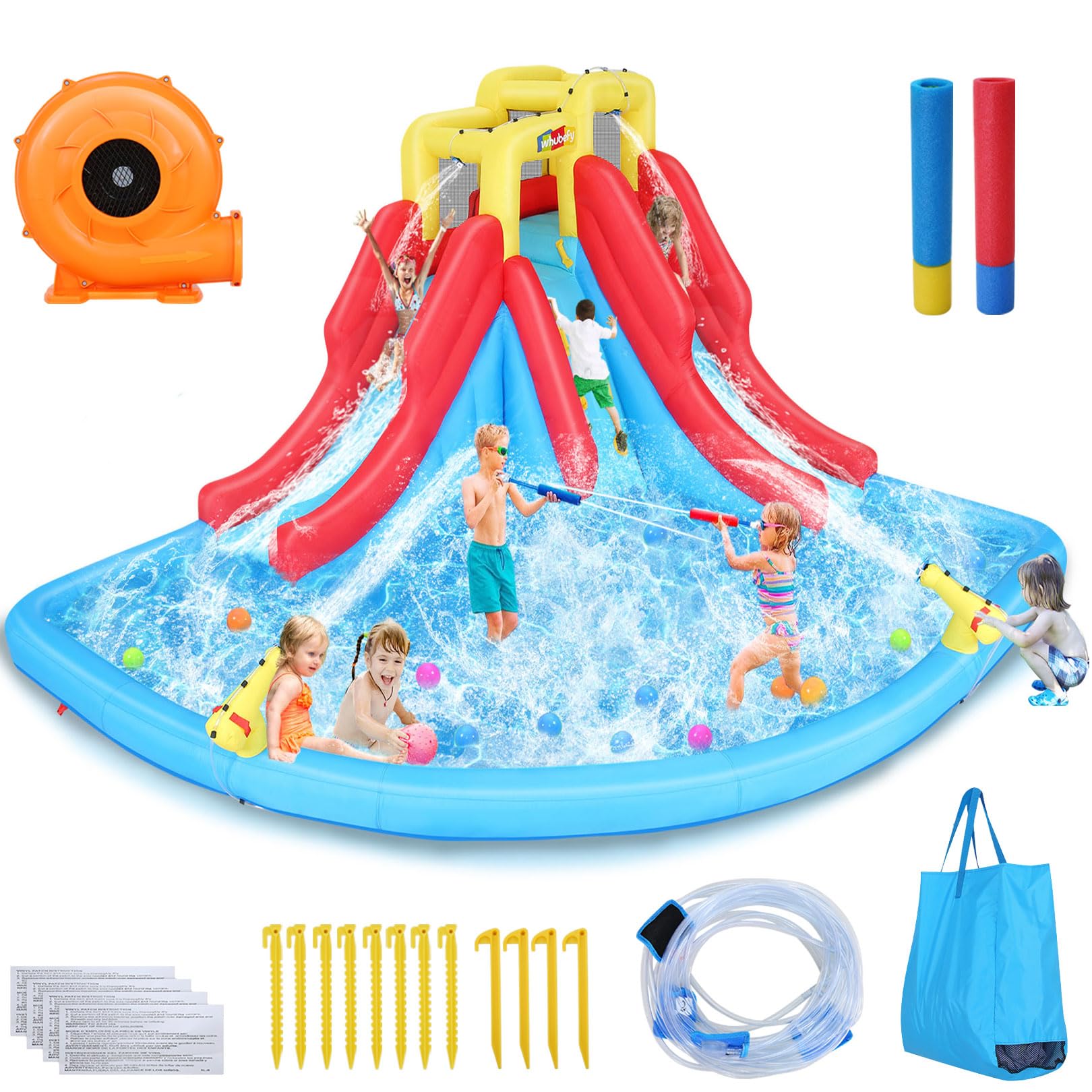 Whubefy Double Dip Inflatable Water Slide Park – 14.5 x 12.7 x 7.5 FT Heavy-Duty Backyard Water Slide for Kids & Adults with Giant Splash Pool, 2 Slides, Climbing Wall & 2 Water Cannons – Includes 520W Blower & 2 Water Squirters – Perfect for Summer Parties, Family Gatherings & Outdoor Fun