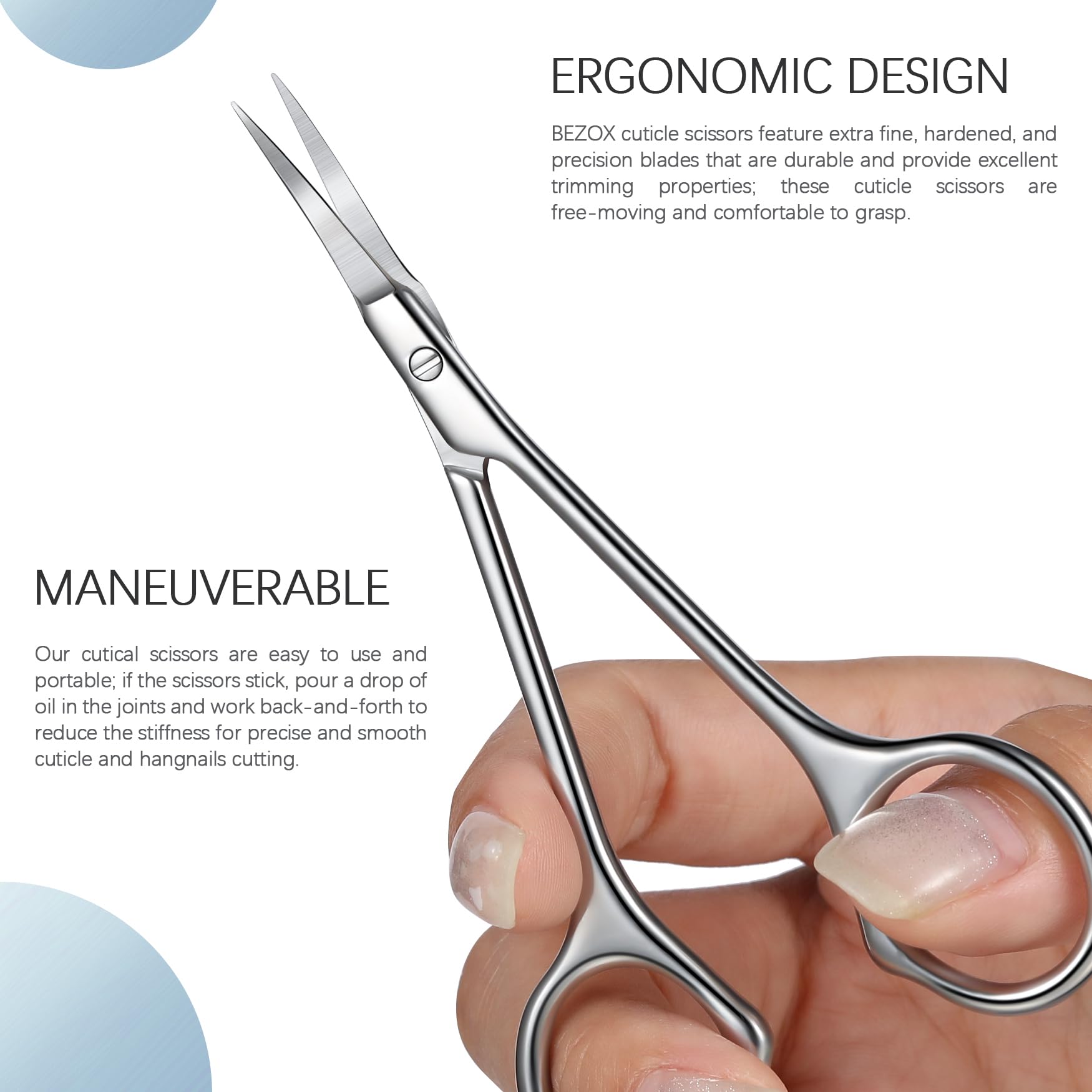BEZOX Professional Stainless Steel Curved Blade Scissors - Manicure, Cuticle, Nail & Eyebrow Trimming Scissors for Men & Women with Leather Case - Perfect for Salon, Home Grooming & Travel Use