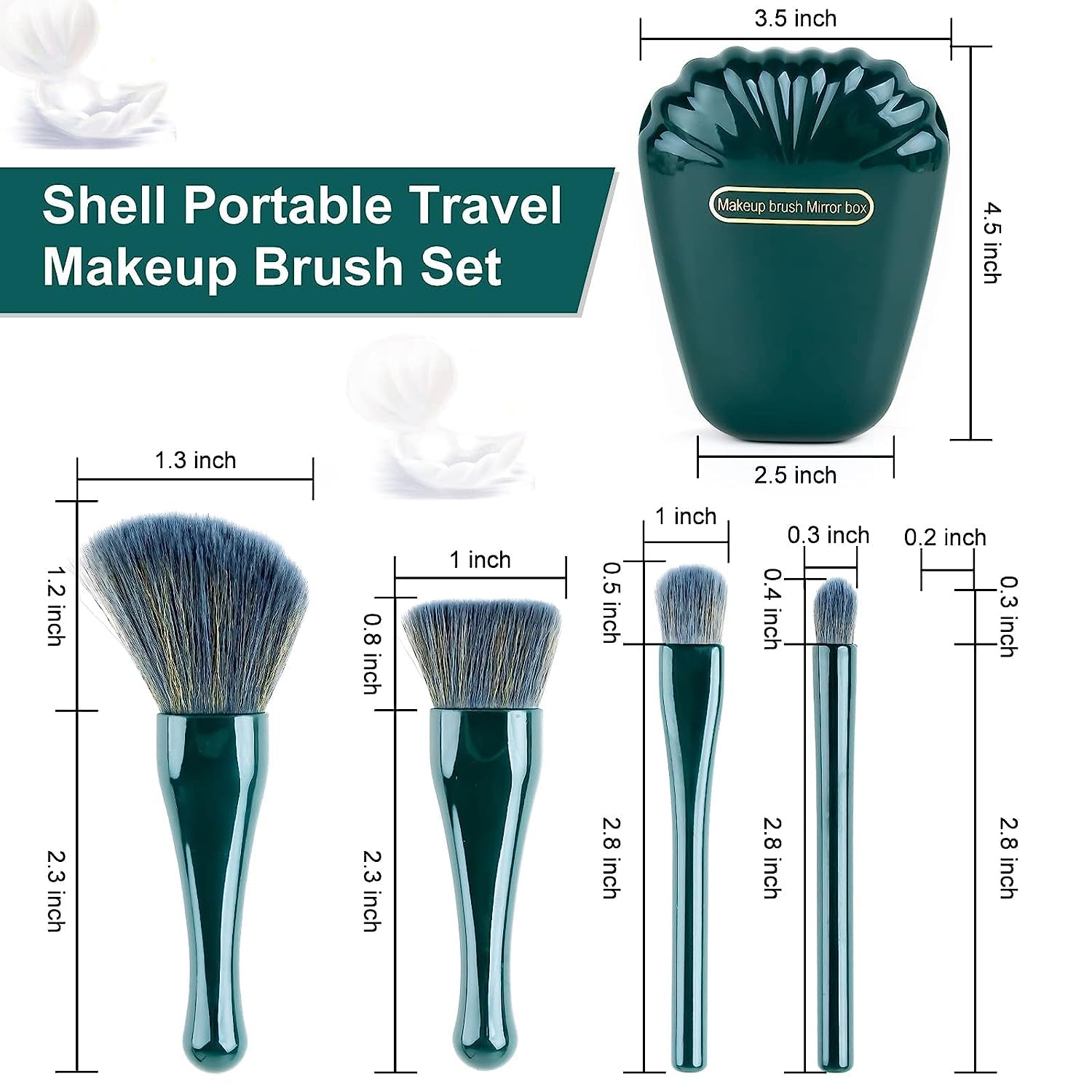 Exotic Mall 5-Piece Mini Makeup Brush Set - Travel Foundation Brush, Eyeshadow Brush & Cosmetic Brushes Kit with Mirror (Dark Green) | Perfect for On-The-Go Makeup & Professional Makeup Application