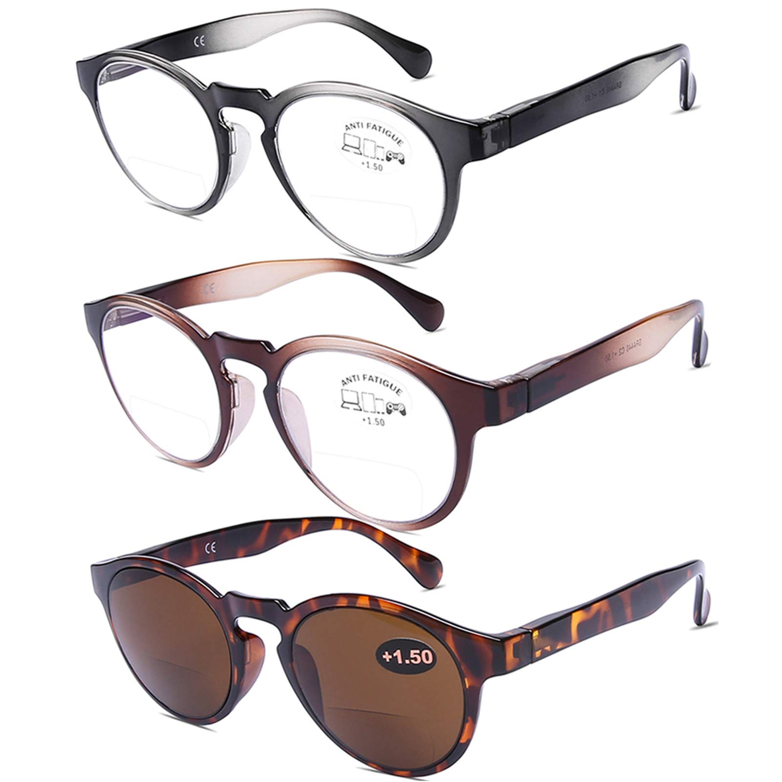 AQWANO 3-Pack Blue Light Blocking Bifocal Computer Reading Glasses - Ultra Thin Lightweight Stylish Round Frame for Men & Women (3.0 Magnification) - Perfect for Office Work, Screen Time & Reading