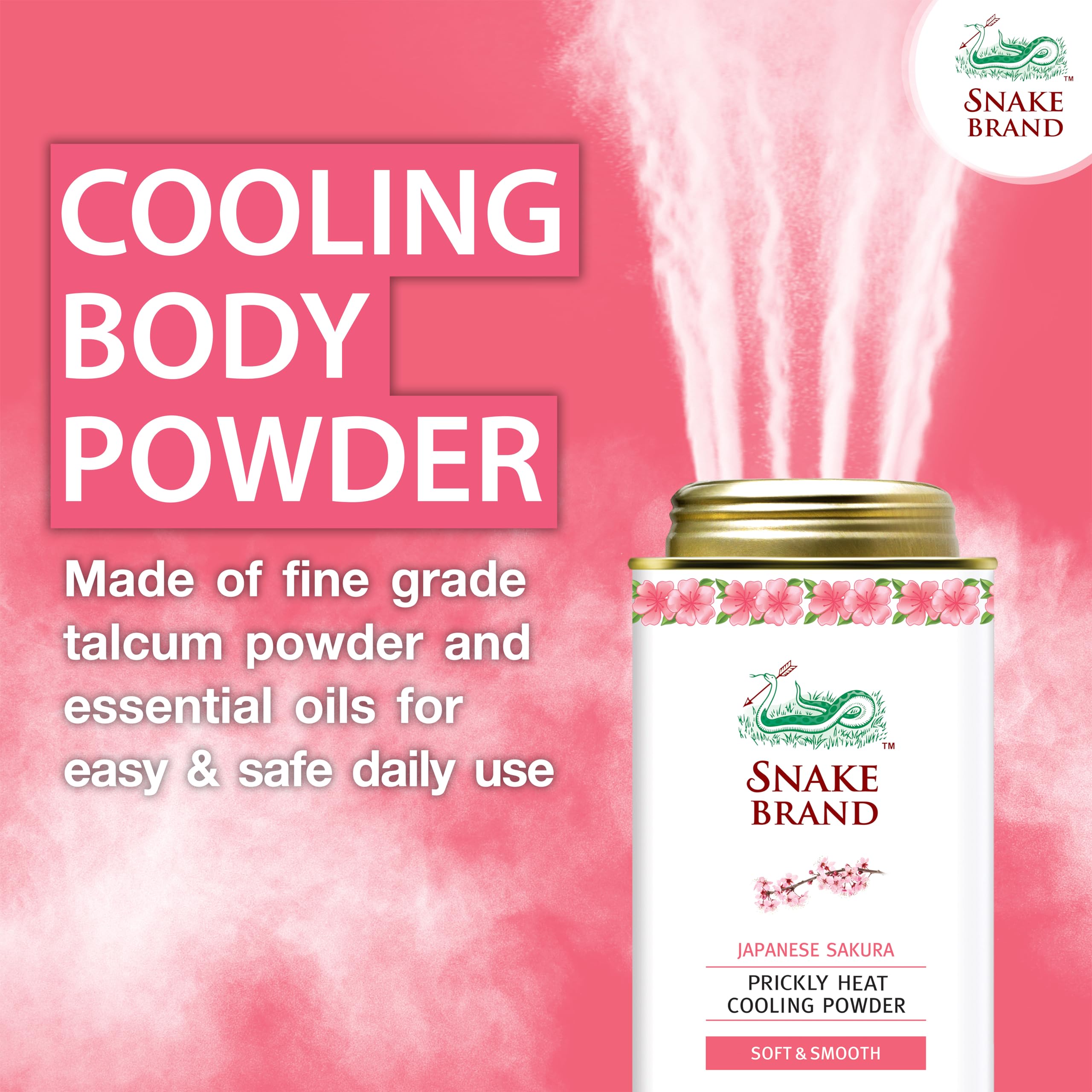 Snake Brand Prickly Heat Cooling Talcum Powder - 280g Japanese Sakura Scent for Heat Rash & Skin Irritation Relief | Ideal for Summer, Gym & Outdoor Activities
