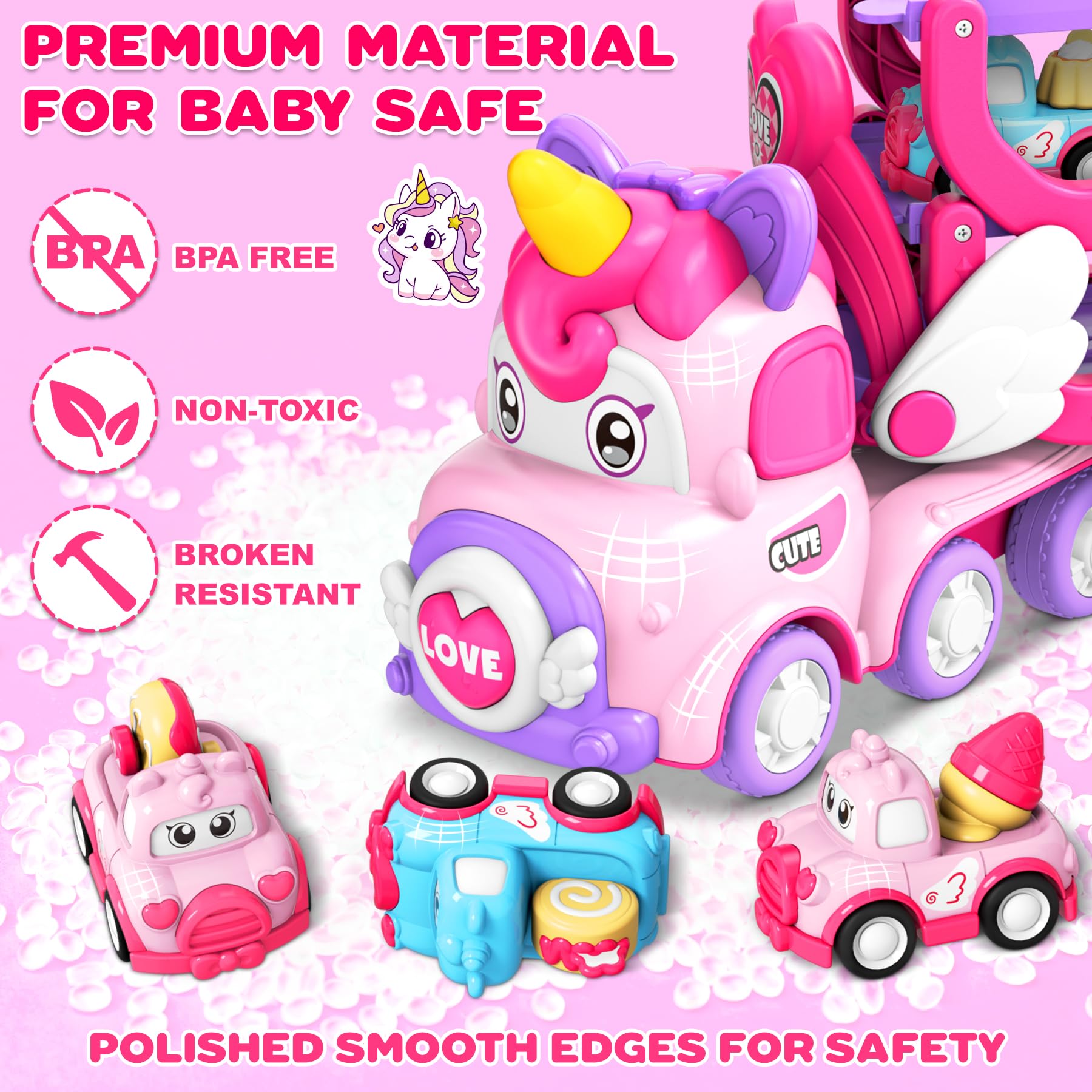 Pourbibi Auto Toy for Girls Ages 2-5 Years - Light & Music Truck Toy with Unicorn Design | Perfect Birthday & Christmas Gift for Toddlers | Pretend Play, Learning & Fun Transportation Toys for Kids