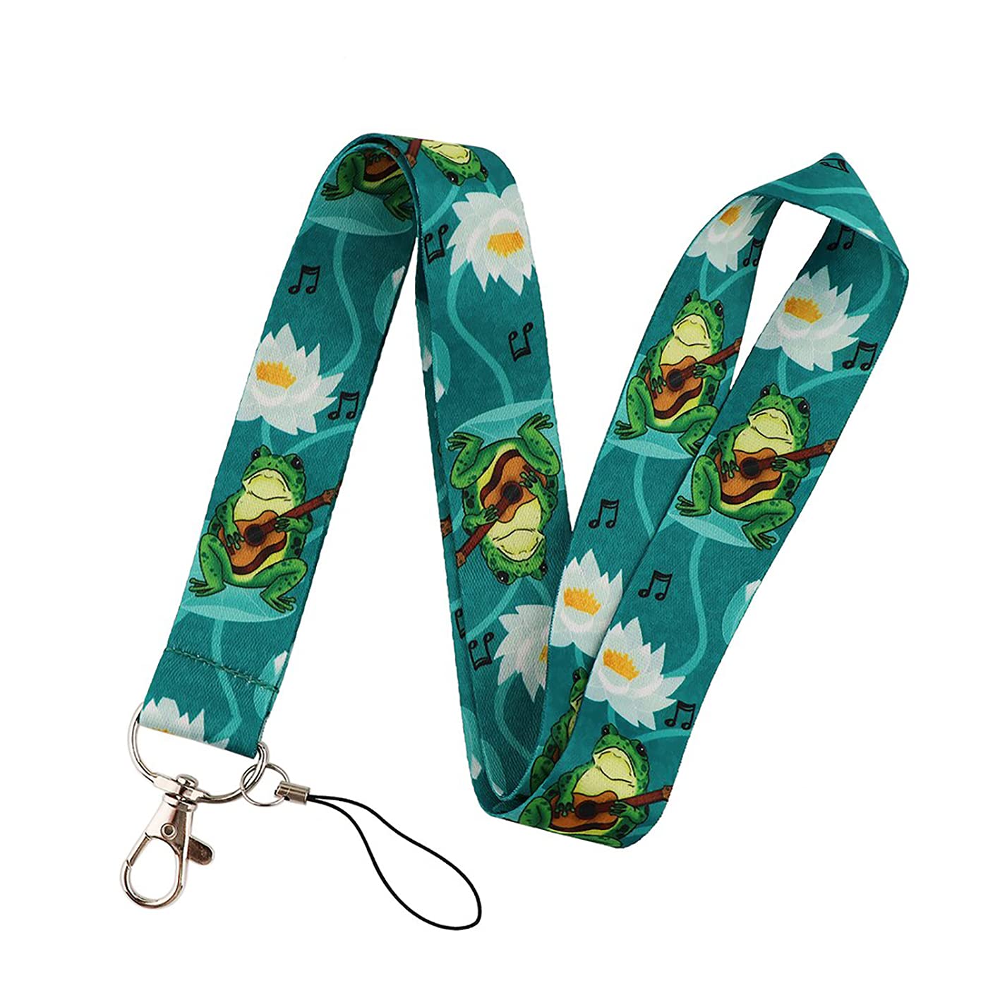 Cute Frog Lotus Guitar Print Keychain Lanyard - 17.7 Inch ID Card Holder with Phone Hang Rope & Badge Holder - Perfect for Office, School, Events and Key Organization