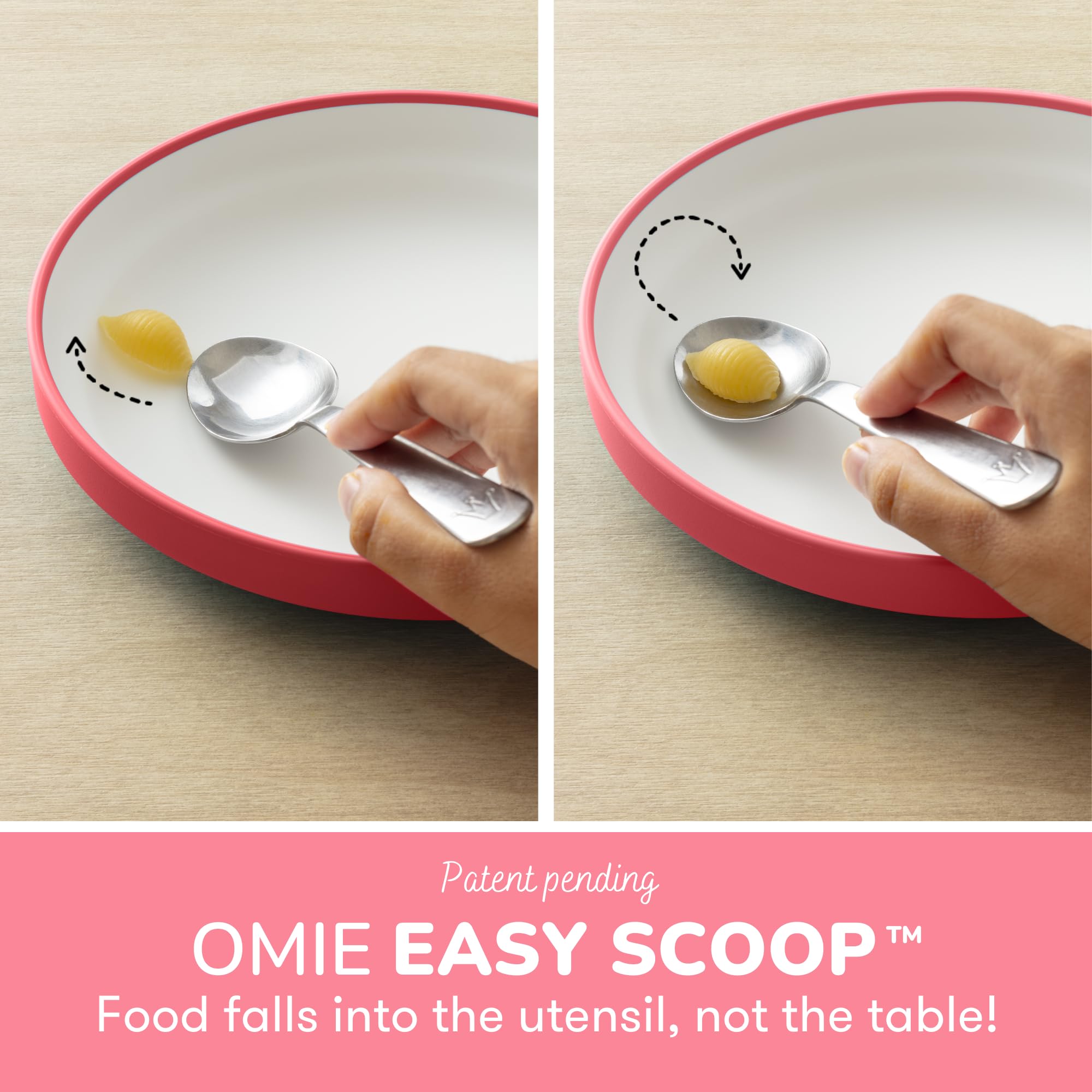 Omie® Easy Scoop Kids Plates - Eco-Friendly Plant-Based Dishware with Built-In Spoon Guide | 3 Divided Plates + 2 Silicone Dividers | Pink | Perfect for Toddler Mealtime & Mess-Free Dining