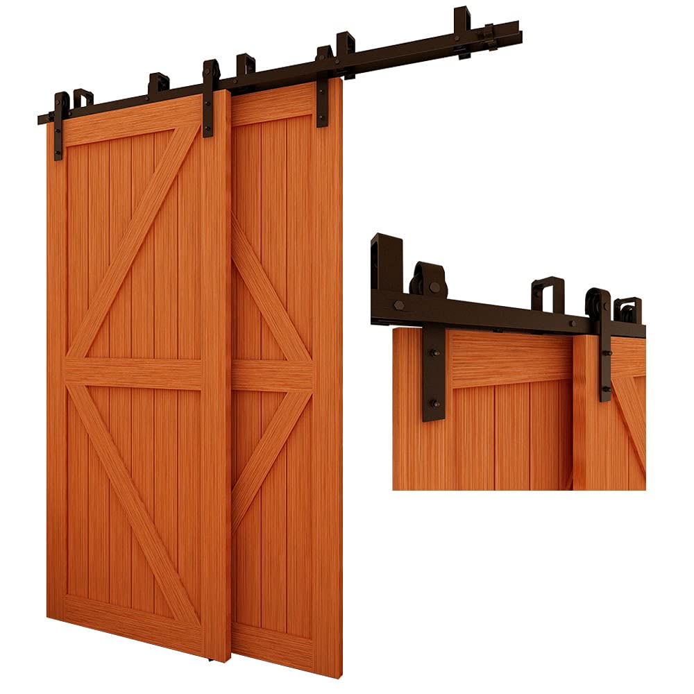 15FT Bypass Sliding Barn Door Hardware Kit for Double Wooden Doors - Smooth & Quiet J-Shape Hanger - Easy Installation - Perfect for Home Offices, Bedrooms, and Rustic Interior Design