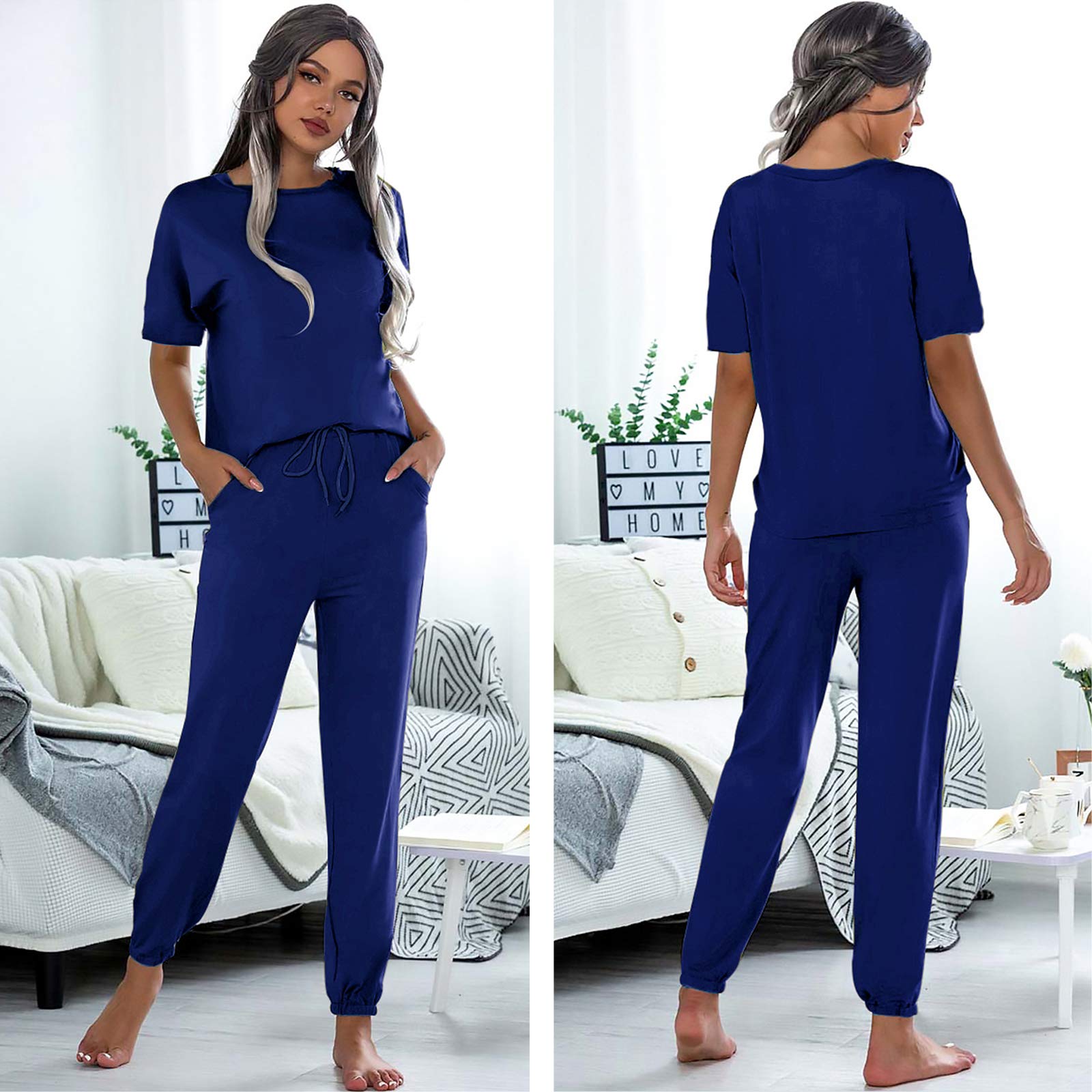 Women's 2-Piece Lounge Set - Short Sleeve & Pants for Home & Travel