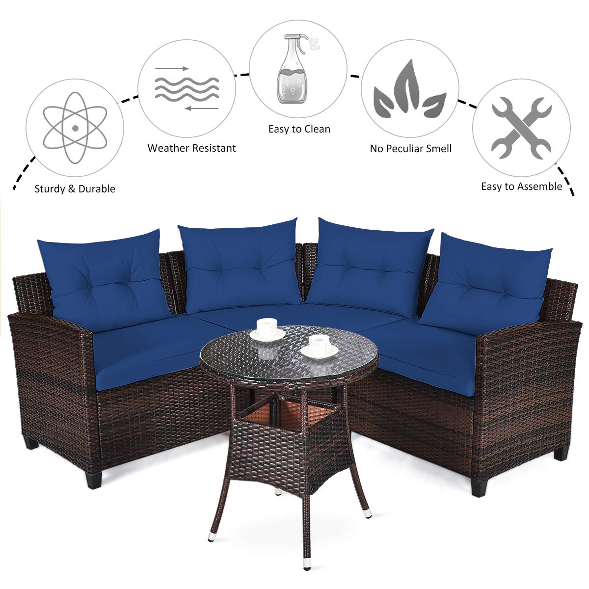 Tangkula 4-Piece Outdoor Patio Furniture Set - Modern C-Shape Wicker Sectional Sofa with Cushions & Glass Coffee Table, Water-Resistant Rattan Deck Set for Garden, Poolside, Balcony, Backyard (Navy Blue) | Perfect for Outdoor Relaxation & Entertaining