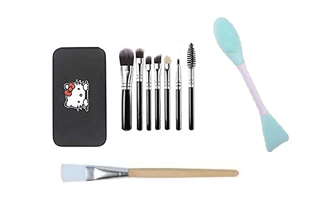 Black Hello Kitty Makeup Brush Set with Face Mask Brush & Dual-Sided Face Scrubber - Multi-Use Cosmetic Tools for Makeup Application & Skincare Routine