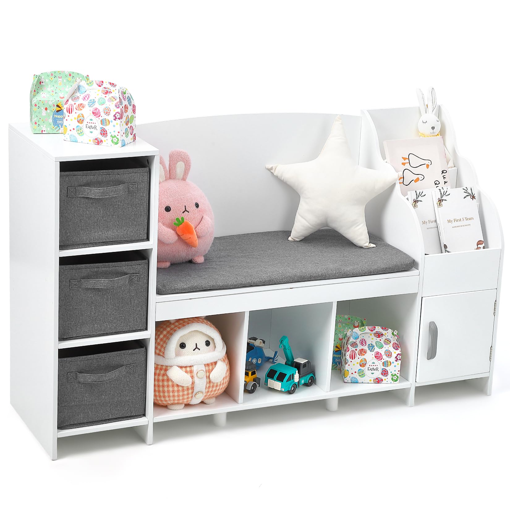 **Kids Bookshelf with Reading Nook & Detachable Cushion - Sturdy Book Storage Organizer for Bedroom, Playroom, Nursery - Perfect Gift for Boys & Girls - White - Ideal for Reading Corners, Homeschooling & Play Areas**