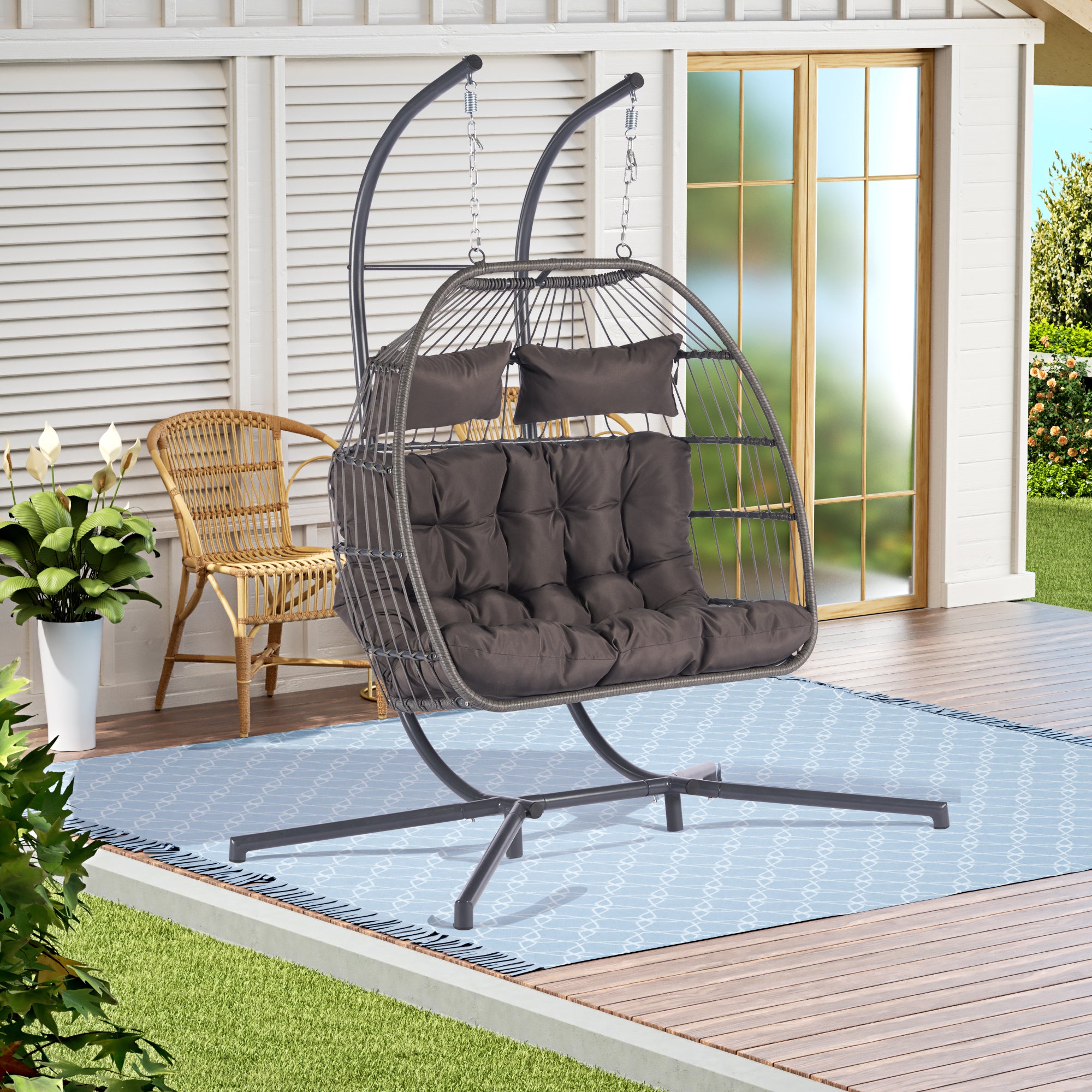 2 Person Outdoor Rattan Hanging Chair - Patio Wicker Egg Swing Chair for Garden, Balcony & Backyard - Perfect for Relaxing & Lounging
