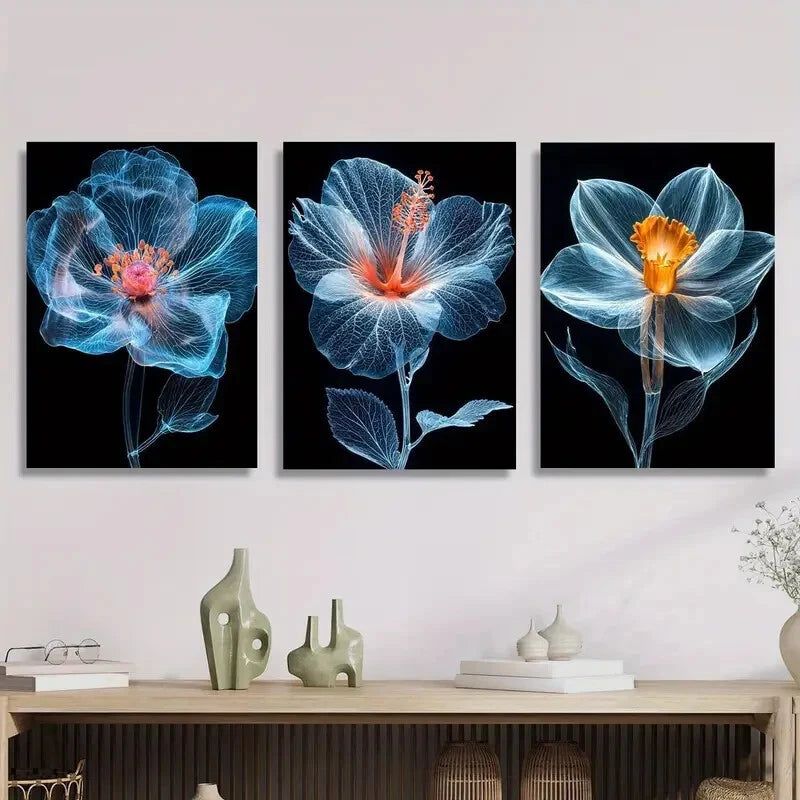 3pcs Translucent Blue Flowers Metal Print Wall Art - Ready to Hang Home Decor for Living Room, Bedroom & Office (12x16 Inches)