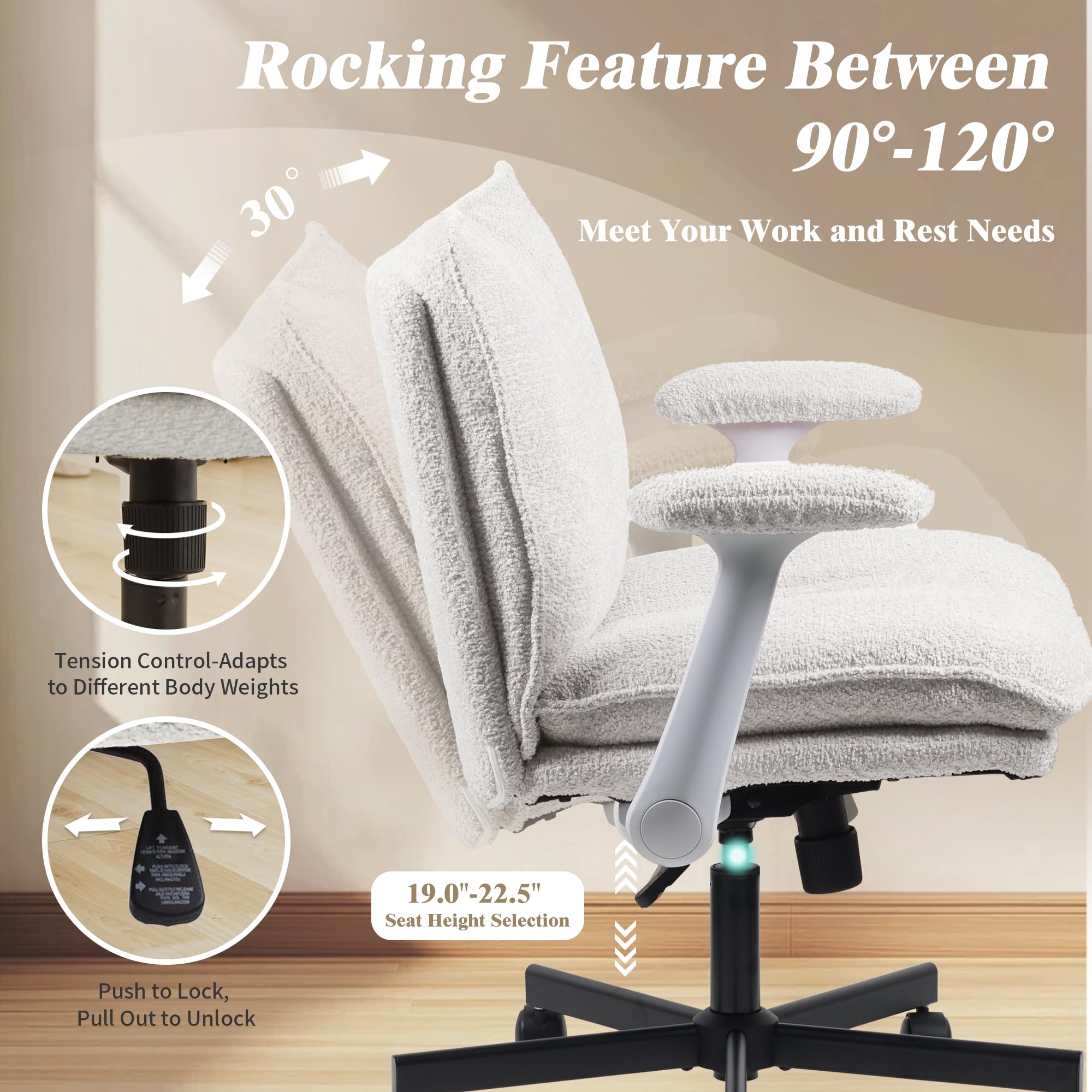 Ergonomic Cross-Legged Office Chair with Wheels & Flip-Up Armrests - Comfortable Upholstered Criss Cross Desk Chair for Home Office, Study, Vanity & Small Spaces - Beige Modern Seat for Working, Reading & Relaxing