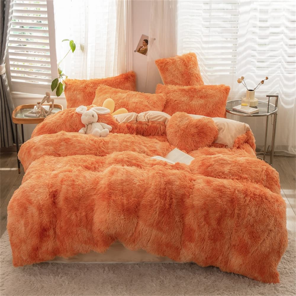 Luxury Gusuhome 5-Piece Shaggy Plush Duvet Cover Set - Ultra Soft Fuzzy Flannel Bedding with Zipper Closure, Full Size Ombre Orange & White Faux Fur Comforter Cover - Perfect for Cozy Winter Nights & Modern Bedroom Decor