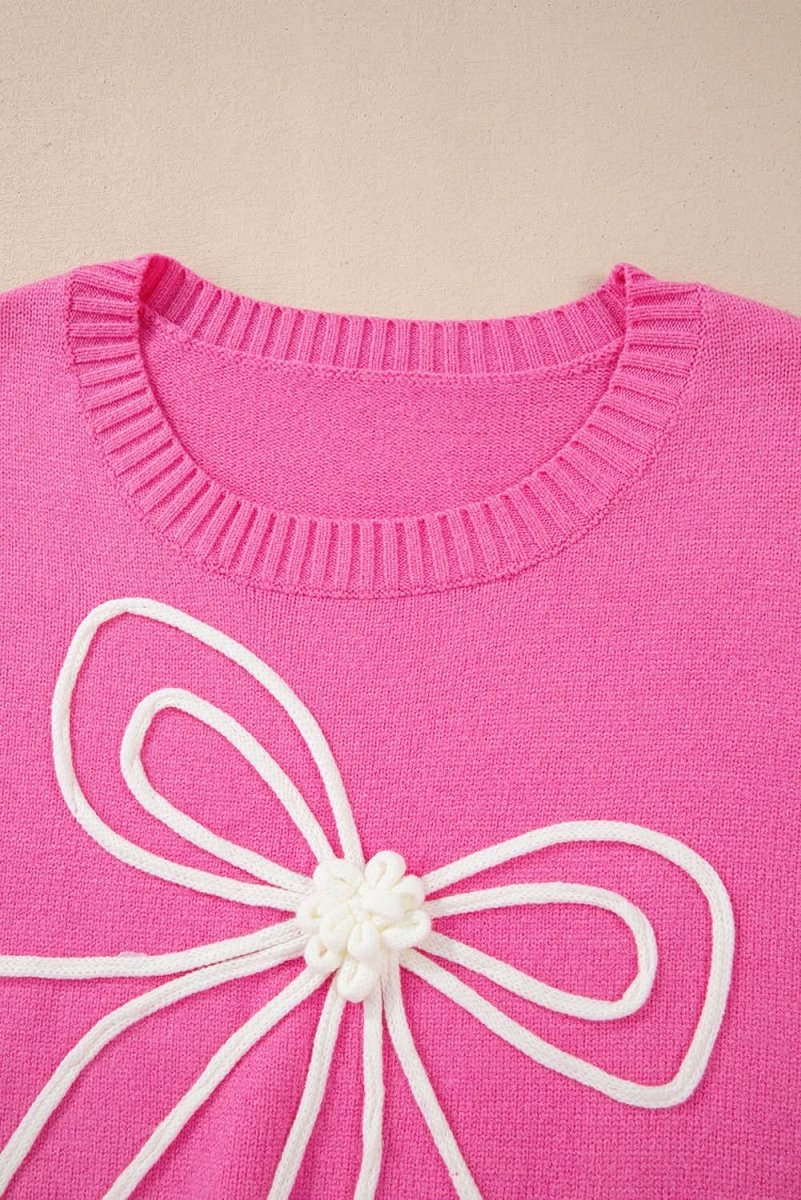 Elegant Bright Pink Ribbed Trim Sweater with Floral Bow Detail - Perfect for Casual Outings, Date Nights & Fall Layering
