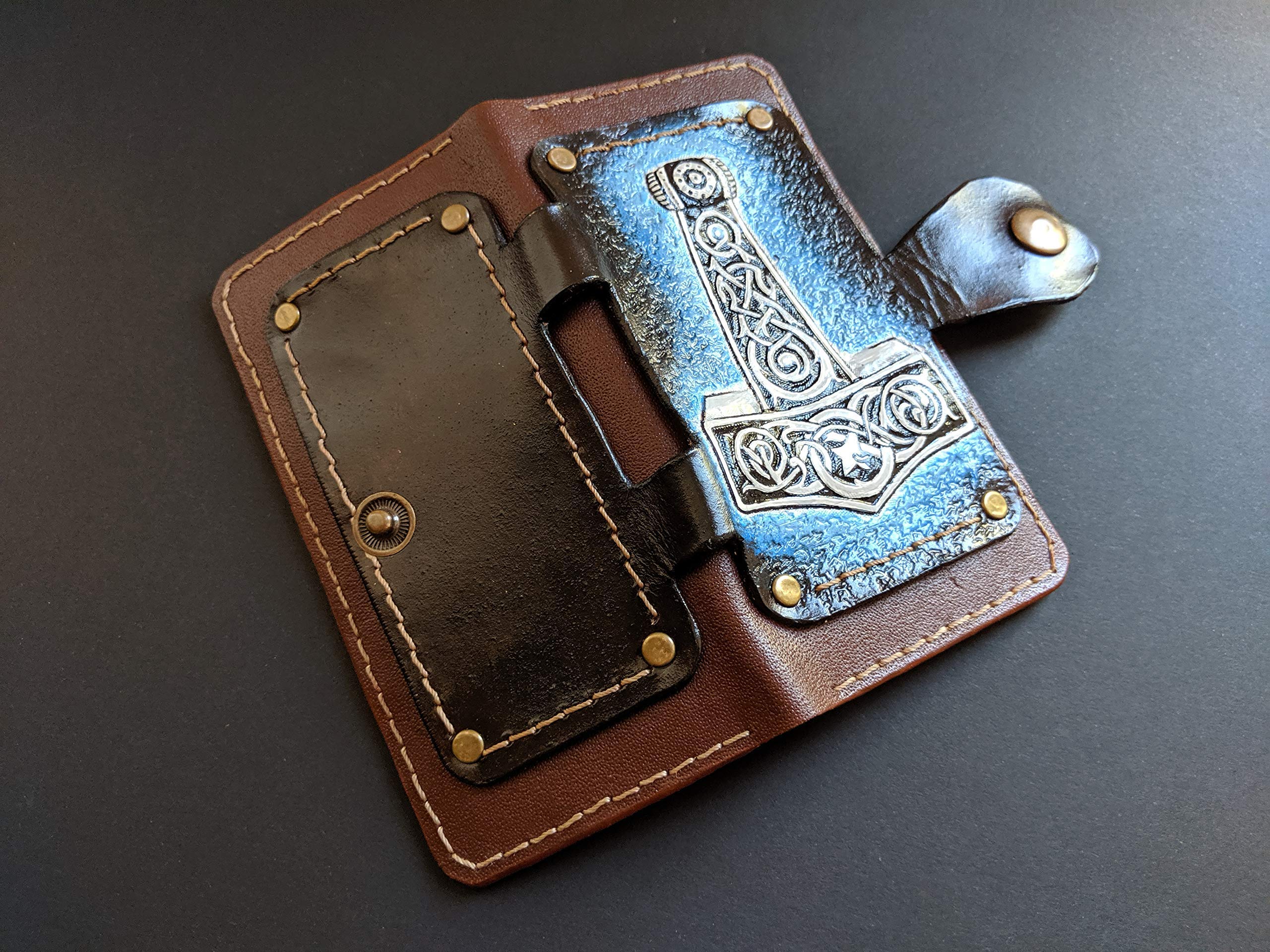 Genuine Leather Wallet Case for Apple iPhone XS/XS MAX/XR/8/8 Plus/7 Plus/6S/6 Plus/SE - 3D Carved Thor Hammer Design with Card Slots & Viewing Stand | Viking & Celtic Style | Perfect for Daily Use, Travel and Gift Giving