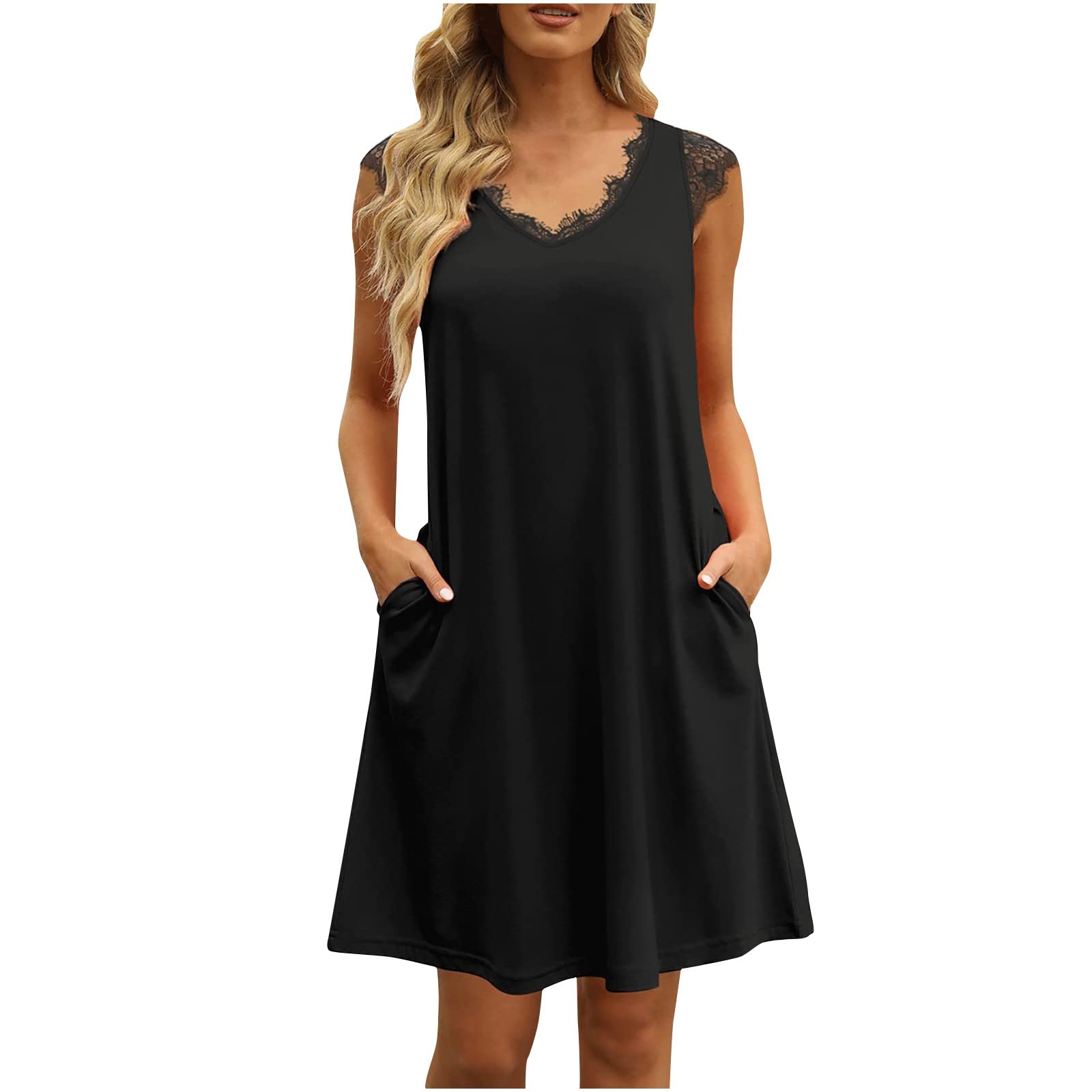 Women's Summer Casual Lace Sun Dress - Flowy Cap Sleeve V-Neck T-Shirt Shift Dress with Pockets | Perfect for Beach, Vacation, and Everyday Wear