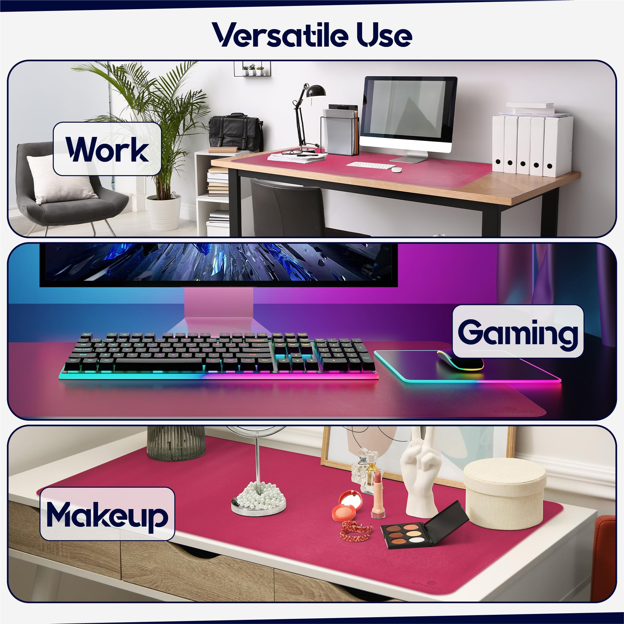 Non-Slip Suede Bottom Leather Desk Mat - Waterproof PU Desk Pad with Stitched Edges for Computer, Mouse & Makeup Vanity - Perfect for Home Office & Beauty Station (Pink, Small Size)