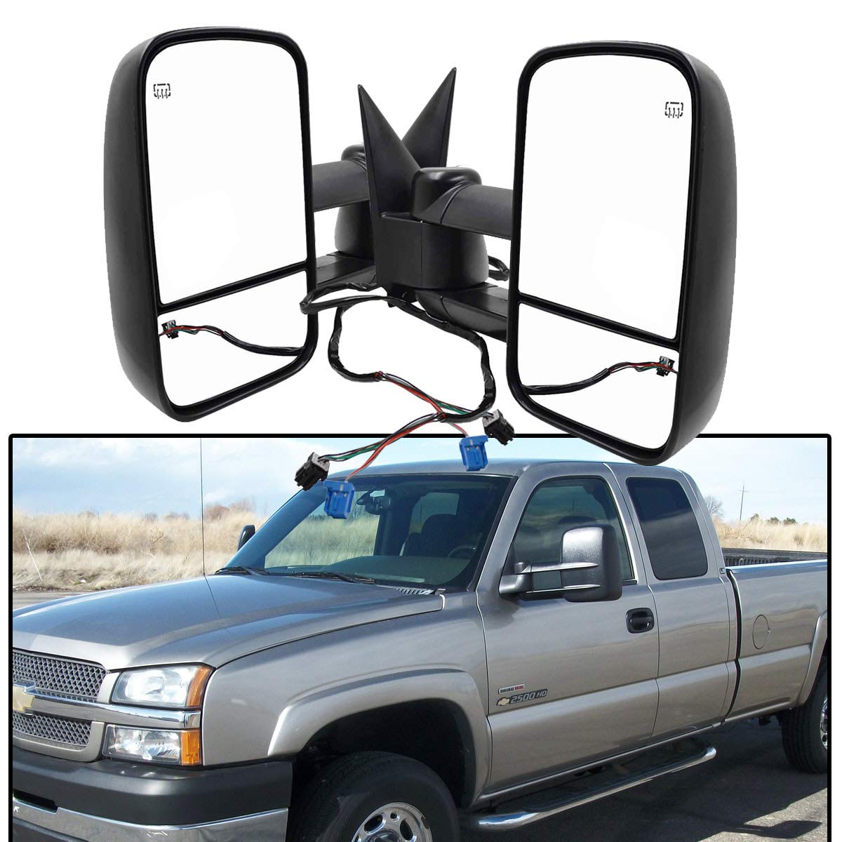 Power Heated Telescoping Towing Mirrors for Chevy/GMC/Cadillac - Textured Black, Power Operated, Fit Silverado/Sierra/Avalanche/Suburban/Tahoe/Yukon XL/Escalade EXT ESV - Perfect for Trailering, Camping & Heavy-Duty Towing