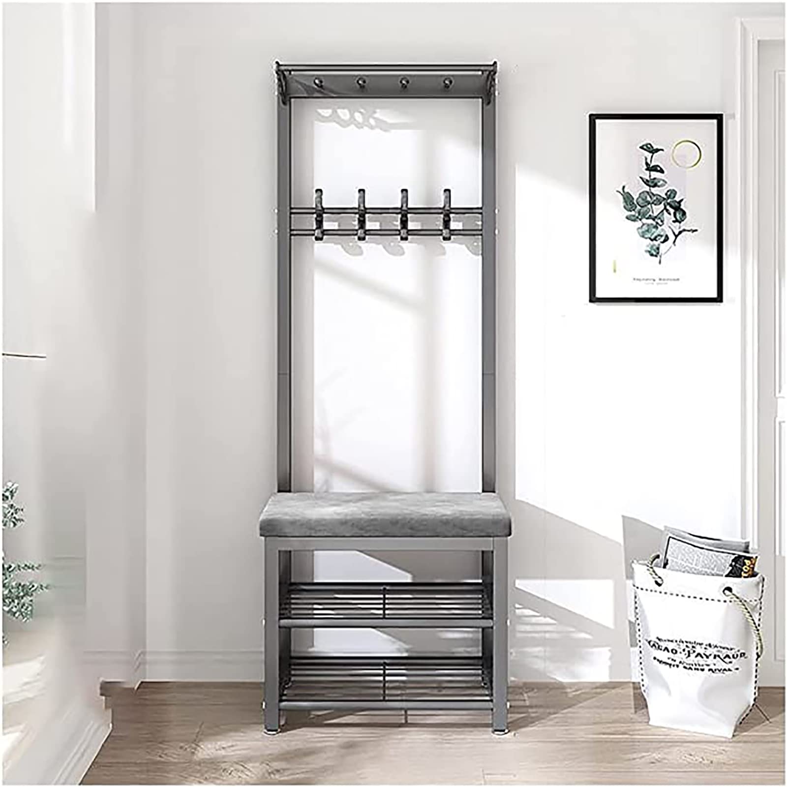 3-in-1 Entryway Storage Bench with Coat Rack & Shoe Organizer - Velvet Cushion Seat, Easy Assembly, Black, 24 Inch - Perfect for Small Spaces, Mudroom & Home Entryway Organization