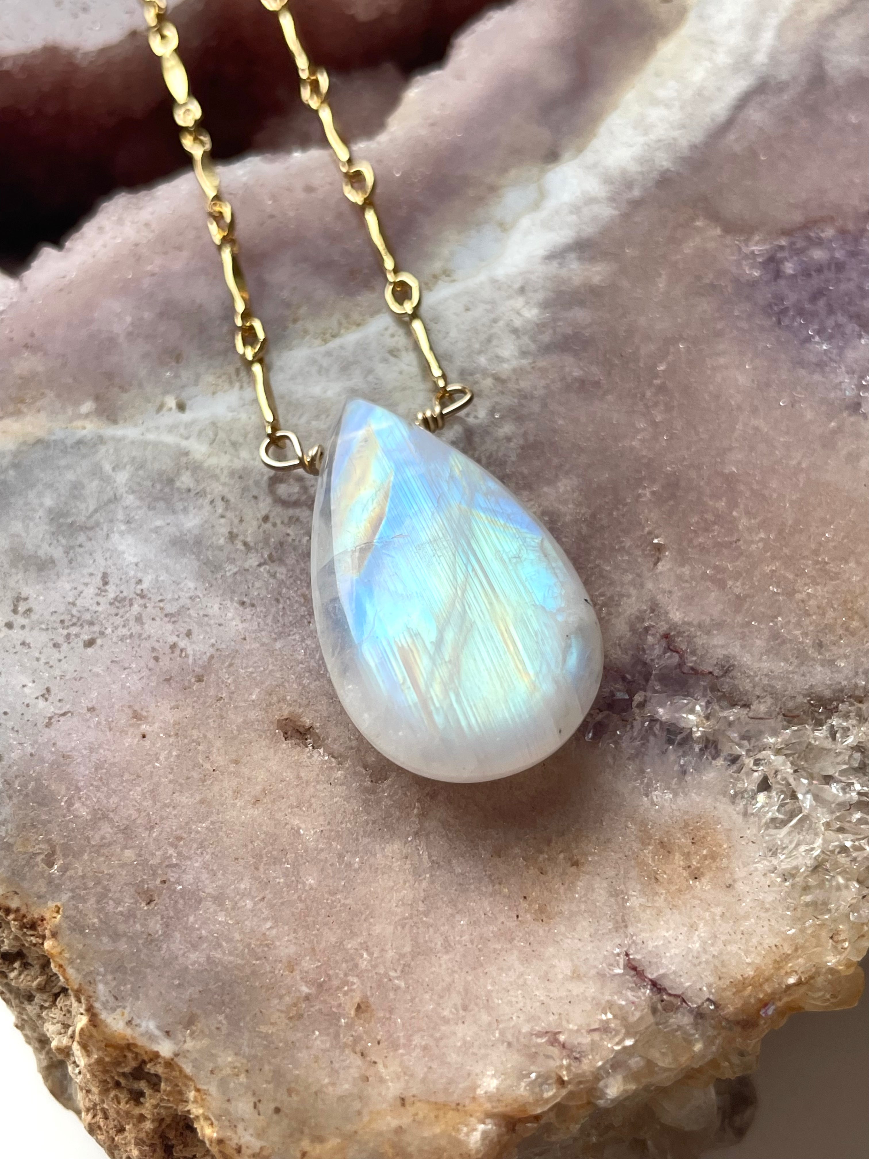 Large Statement Rainbow Moonstone Necklace 14K Gold Filled – Elegant Boho Jewelry for Women, Perfect for Weddings, Parties & Everyday Wear