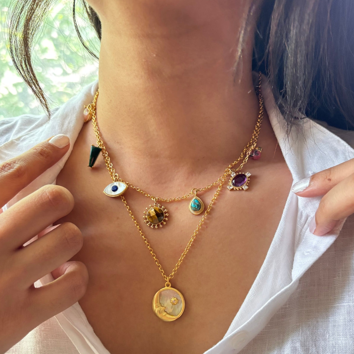 Moon and Stones Layering Necklaces for Women - Dainty Gold & Silver Minimalist Jewelry Set - Perfect for Everyday Wear, Layering, and Gift Giving