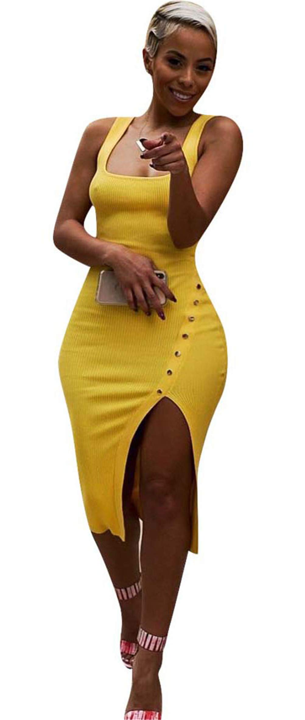 Qikaka Women's Sexy Sleeveless Solid Color Button-Up Stretchy Bodycon Dress - Clubwear, Night Out, Party, Date Night, Cocktail Attire