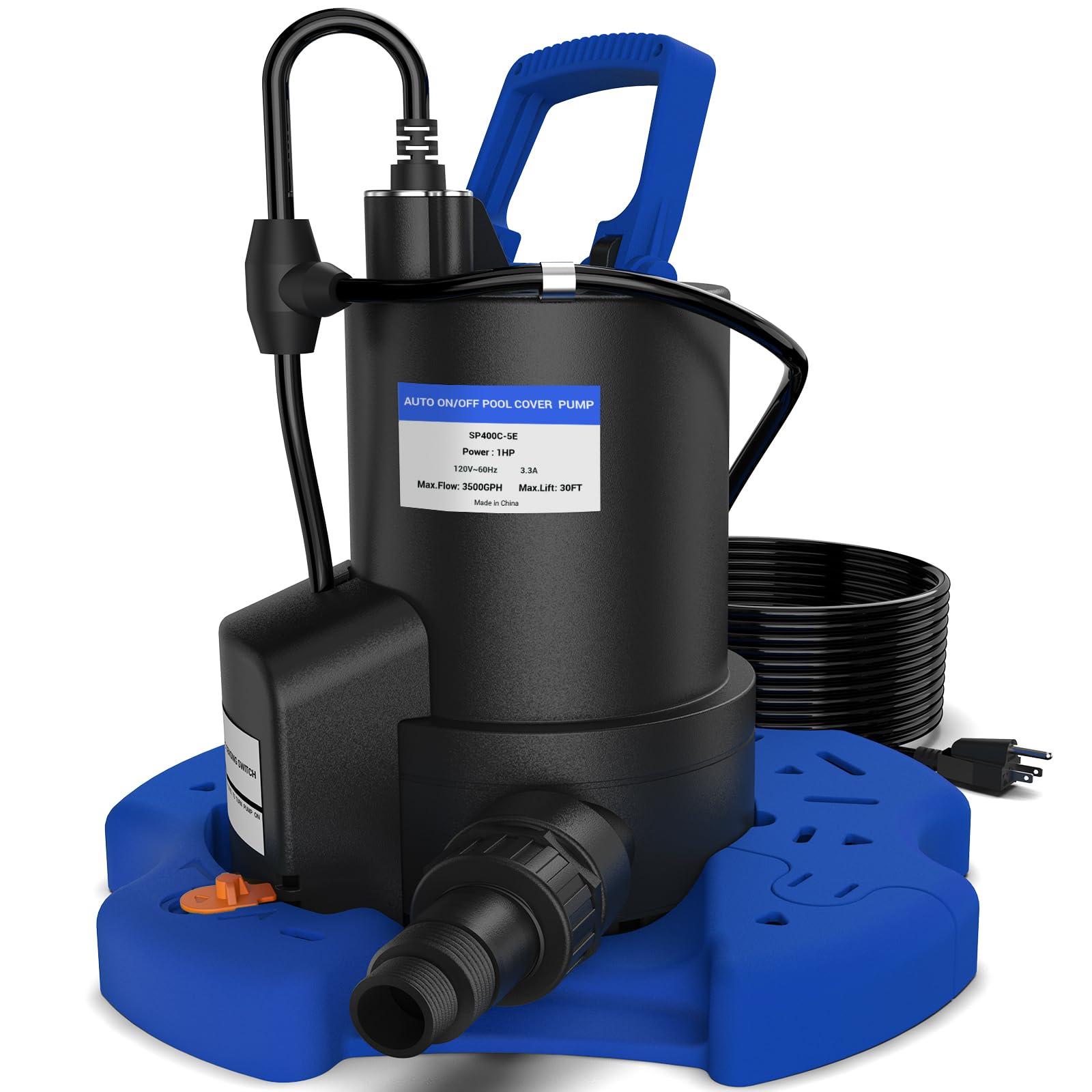 1 HP 3500 GPH Automatic Pool Cover Pump - Submersible Water Pump with Check Valve & 3 Adapters, 29.5FT Cord - Above Ground Automatic On/Off System, Sump for Basement Floods, Ponds, Spas & Pool Maintenance - Perfect for Home, Garden & Water Feature Applications