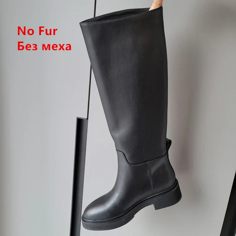 FEDONAS Women's Genuine Leather Knee High Boots with Thick Heel - Warm Winter Riding Boots for Autumn & Winter - Perfect for Motorcycle Riding, Office Wear & Cold Weather Fashion